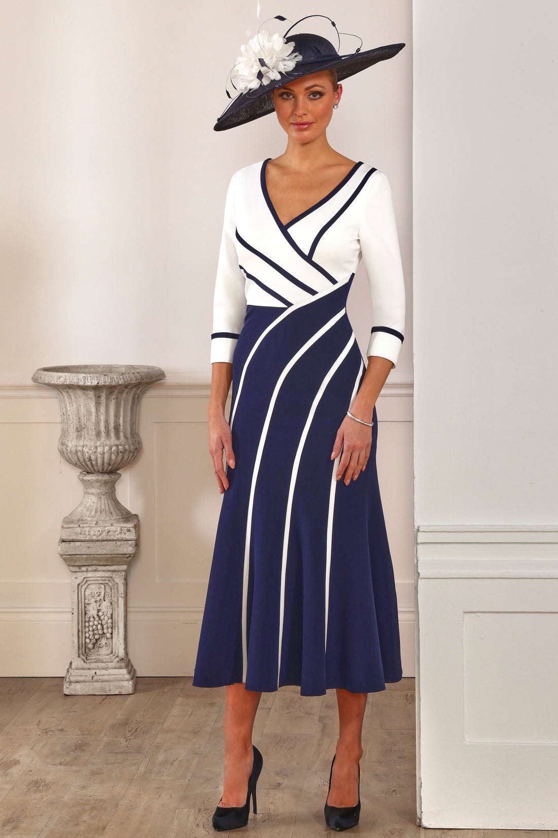 SALE- Irresistible Piped Detail Fit 'n' Flare Dress Ivory/Navy IR7539TJ