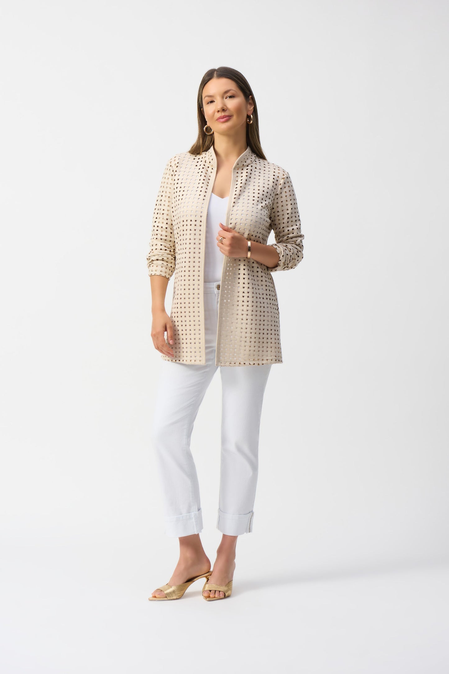 Joseph Ribkoff beige laser-cut suede jacket(