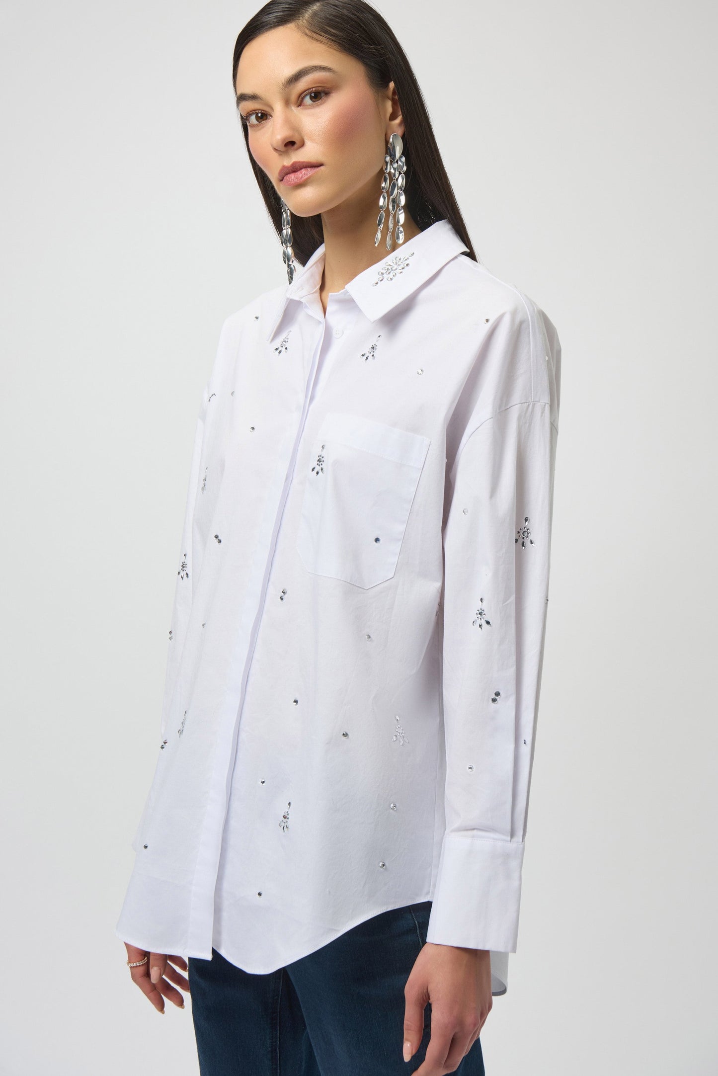 Stretch Poplin Boxy Blouse with Rhinestones
254924