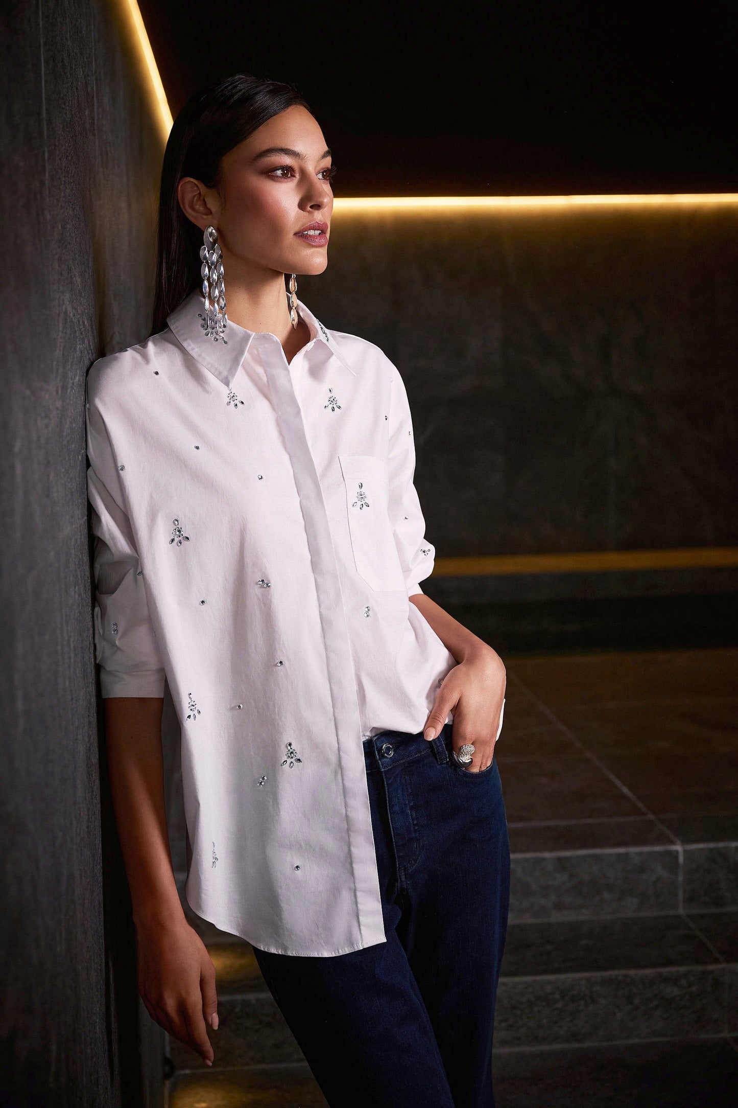 Stretch Poplin Boxy Blouse with Rhinestones
254924