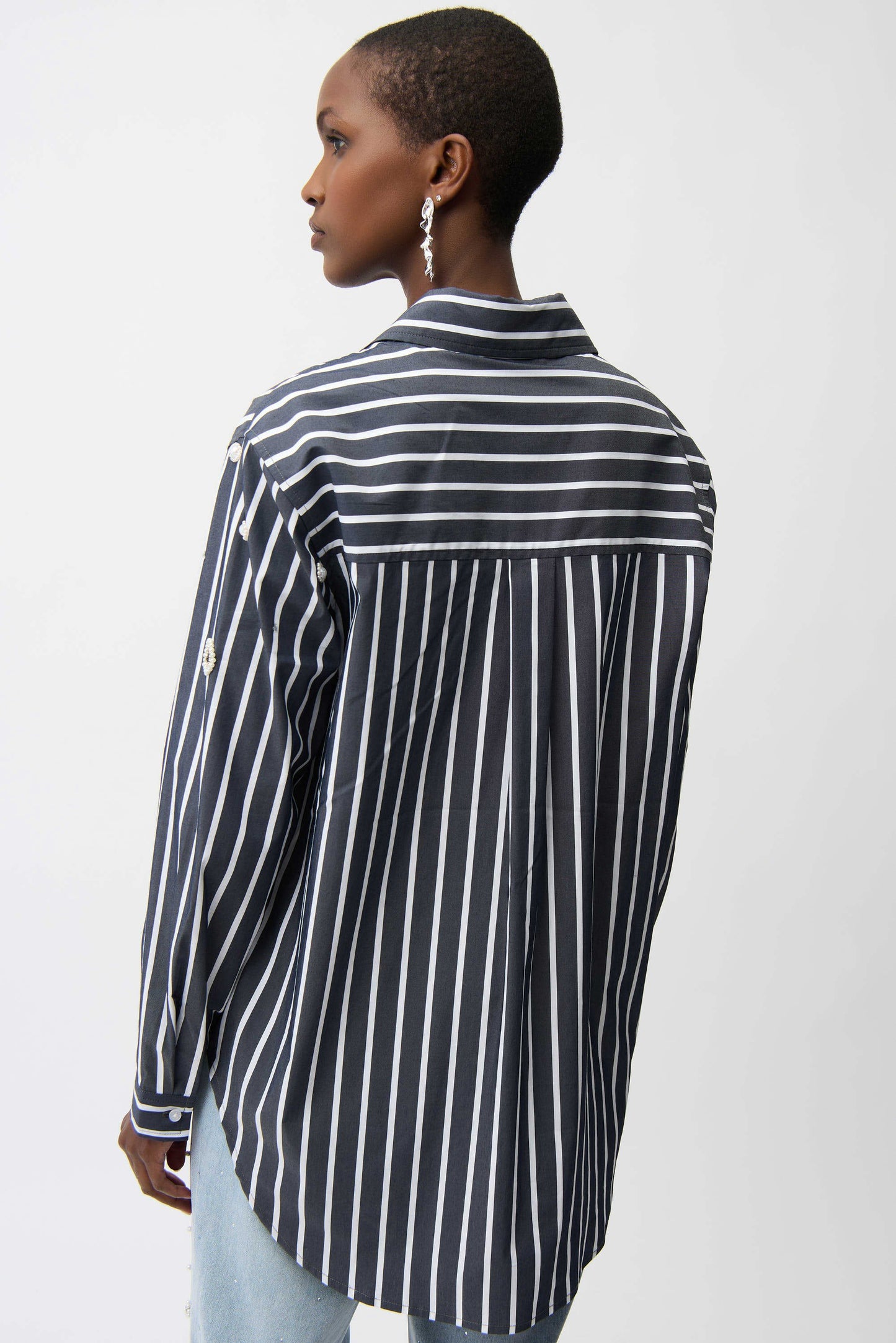 Stretch Cotton Stripe Print Boxy Blouse With Rhinestones
261966