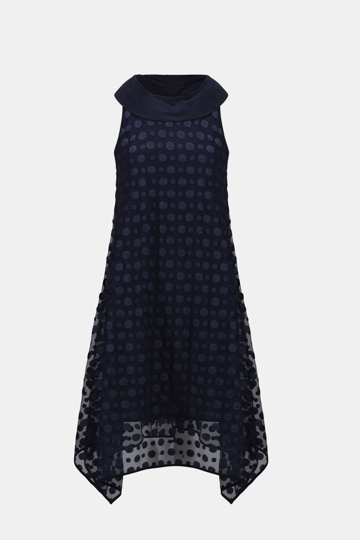 JOSEPH RIBKOFF 261299 Dot Embroidered Mesh Handkerchief Dress With Cowl Collar