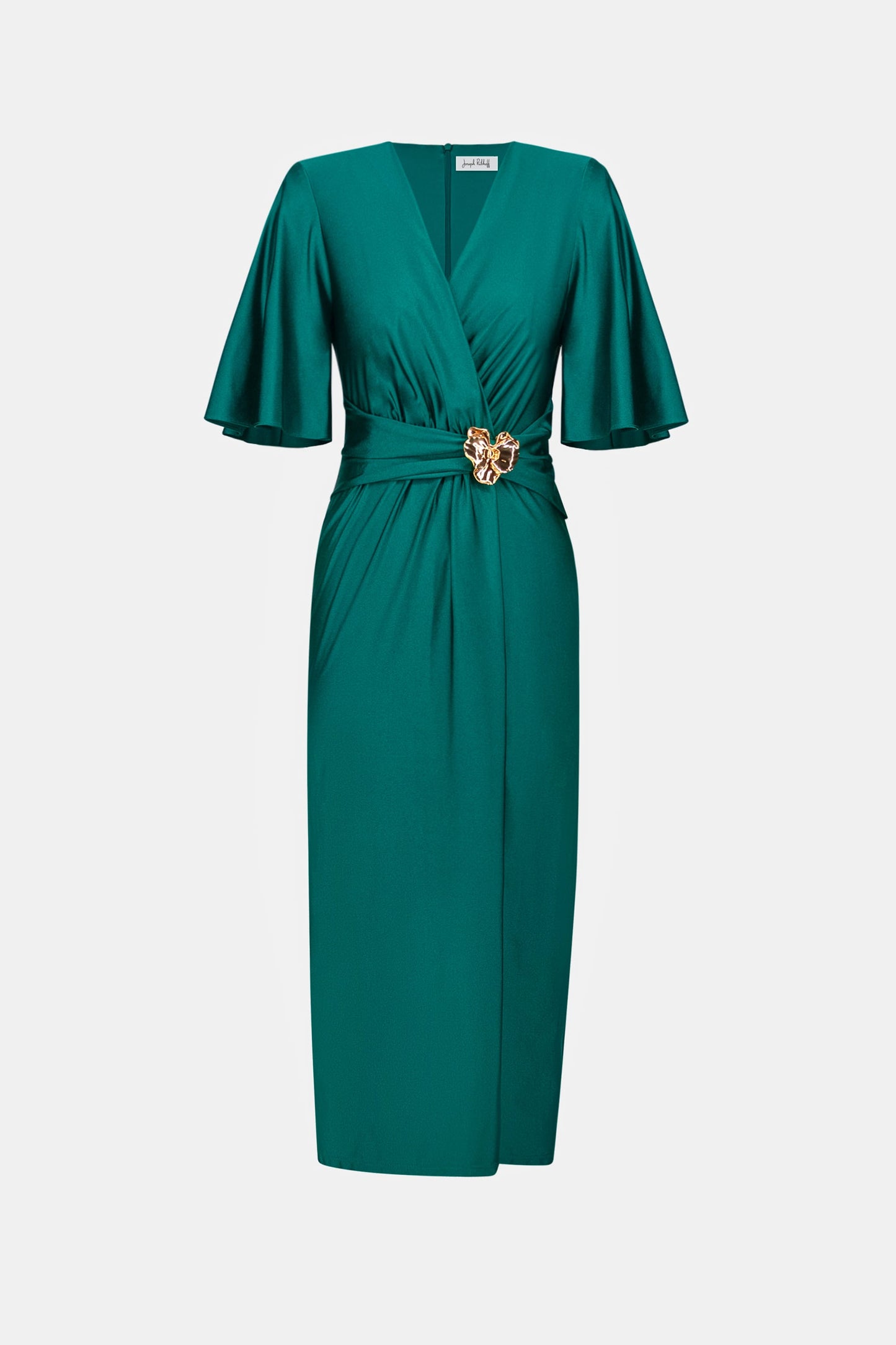 JOSEPH RIBKOFF Signature | Satin Knit Wrap Dress With Ruched Waistband 263733