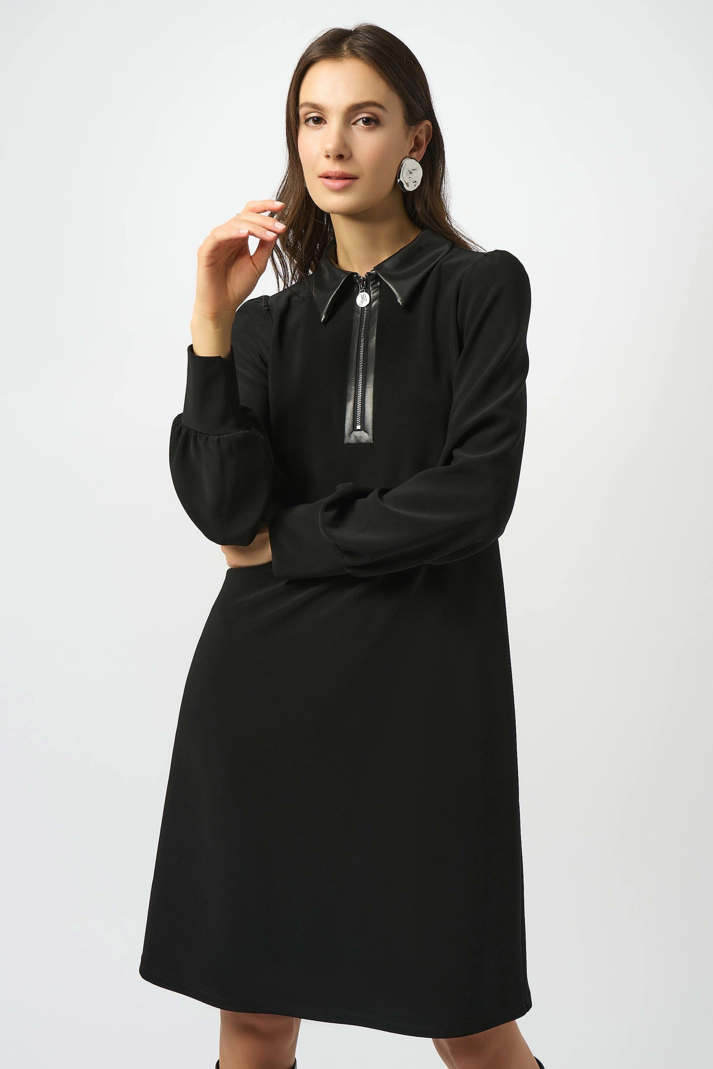 Silky Knit & Leatherette Trapeze Dress
253164
