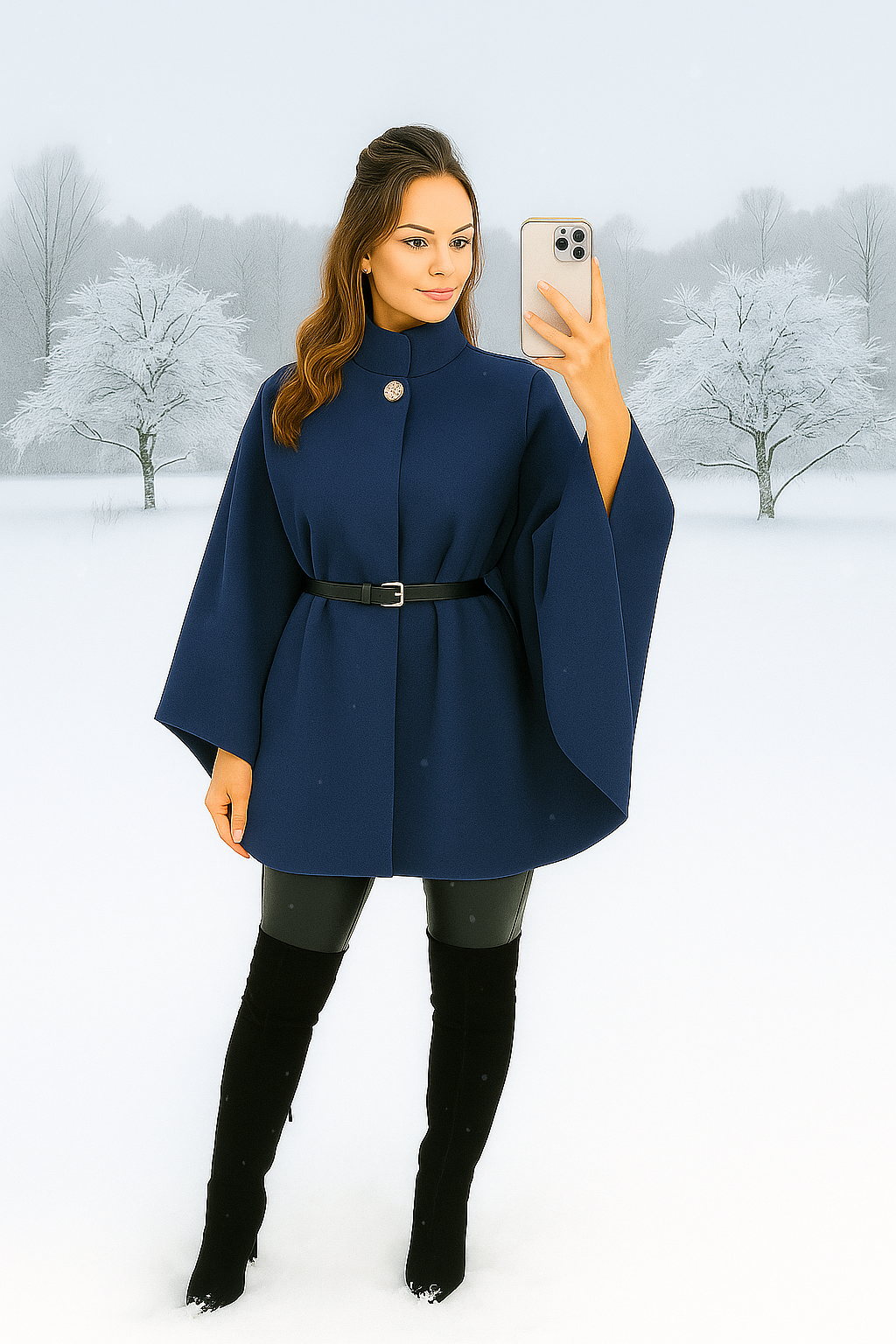 Navy elegant wool cape with belt