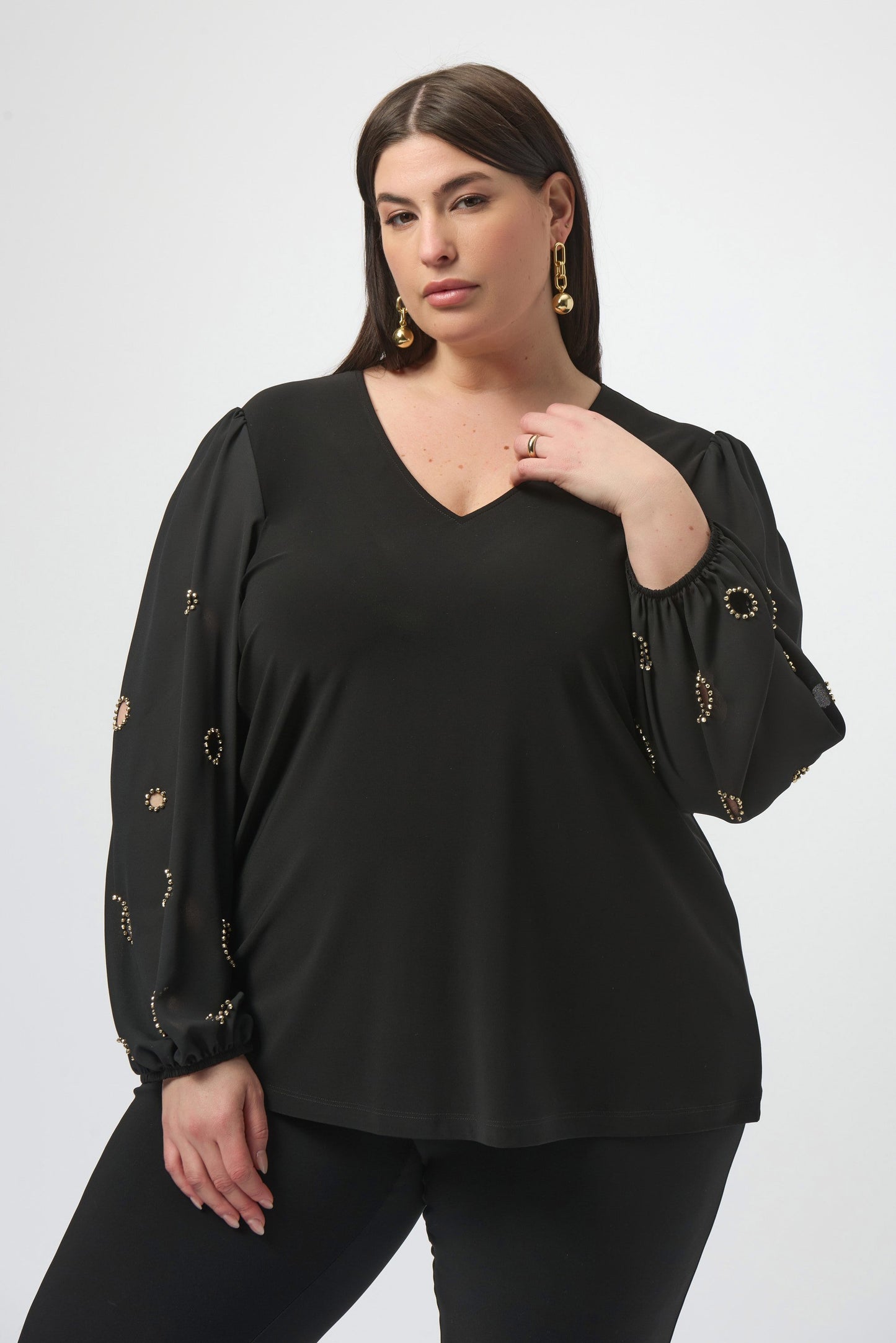 Silky Knit & Georgette Top With Sleeve Beading
253084
