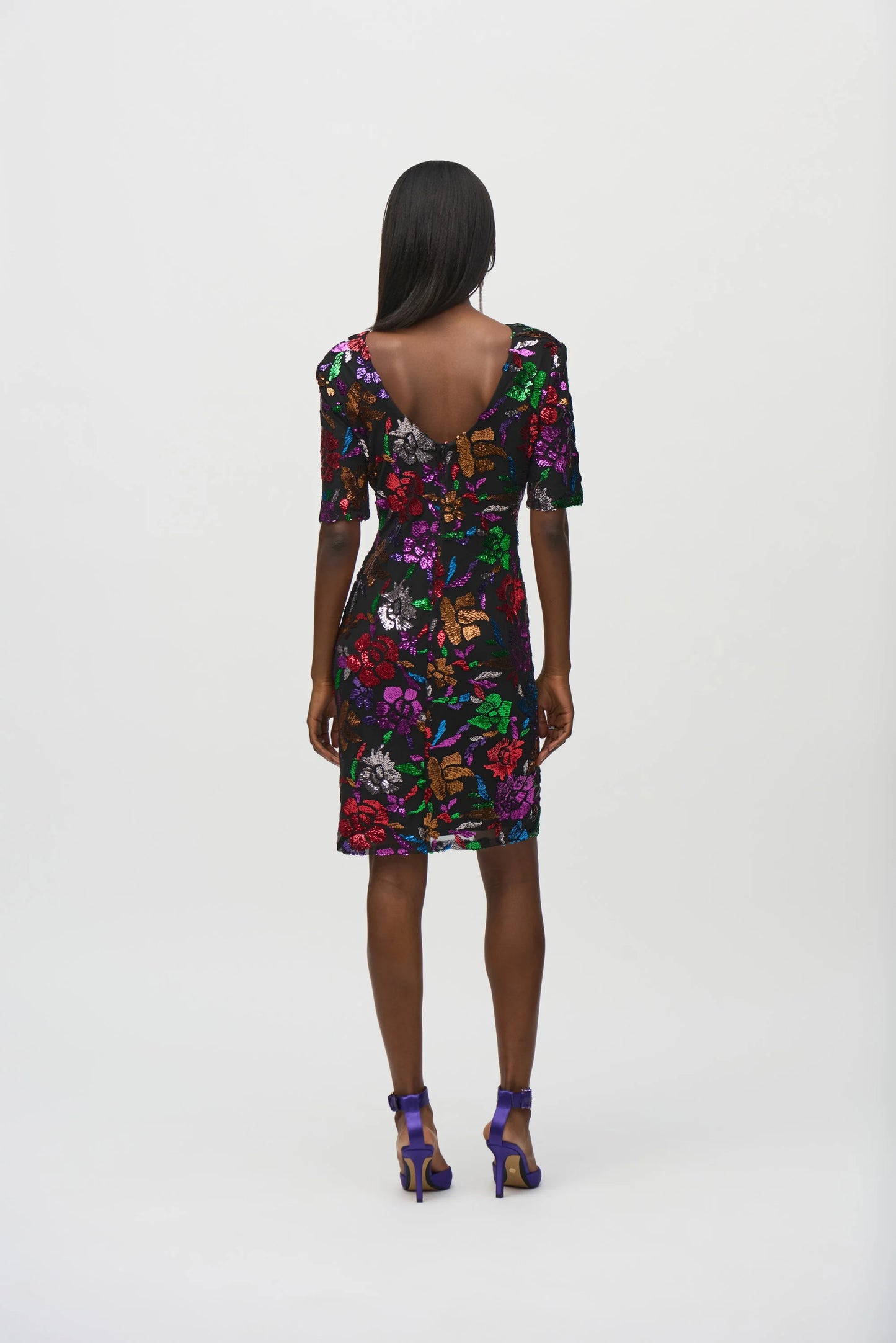 Sequined Mesh Floral Print Sheath Dress 244180