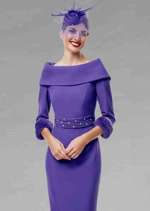 SALE- Gabriela Sanchez 7462 Bateau Neck Dress With Faux Fur Cuffs