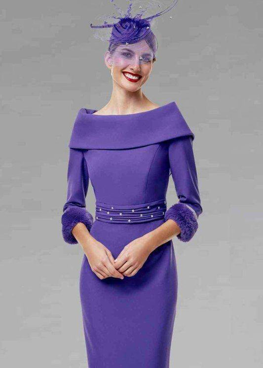 SALE- Gabriela Sanchez 7462 Bateau Neck Dress With Faux Fur Cuffs