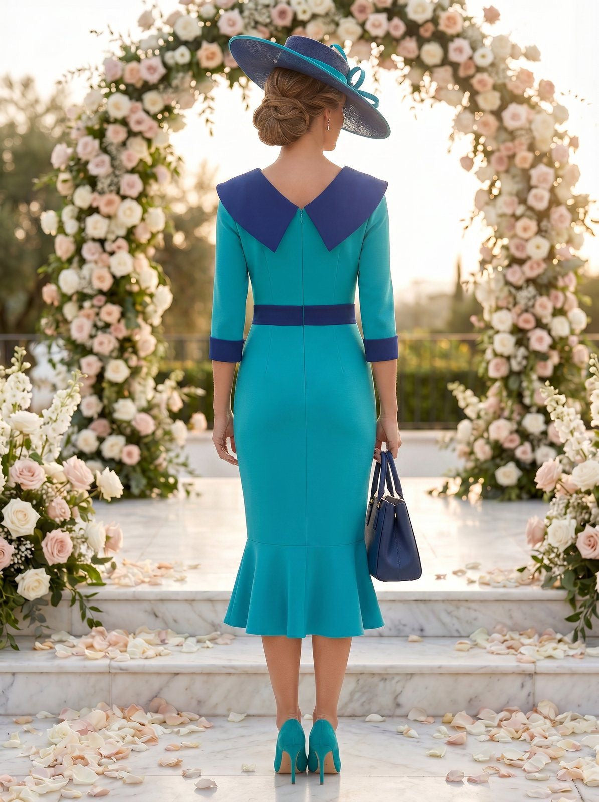 Red & Royal blue two tone midi dress