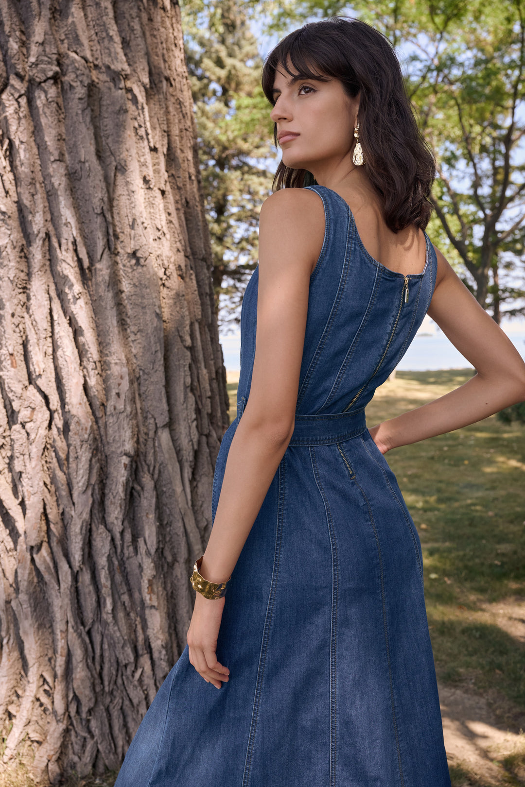 JOSEPH RIBKOFF Denim Fit And Flare Midi Dress With Belt 262901
