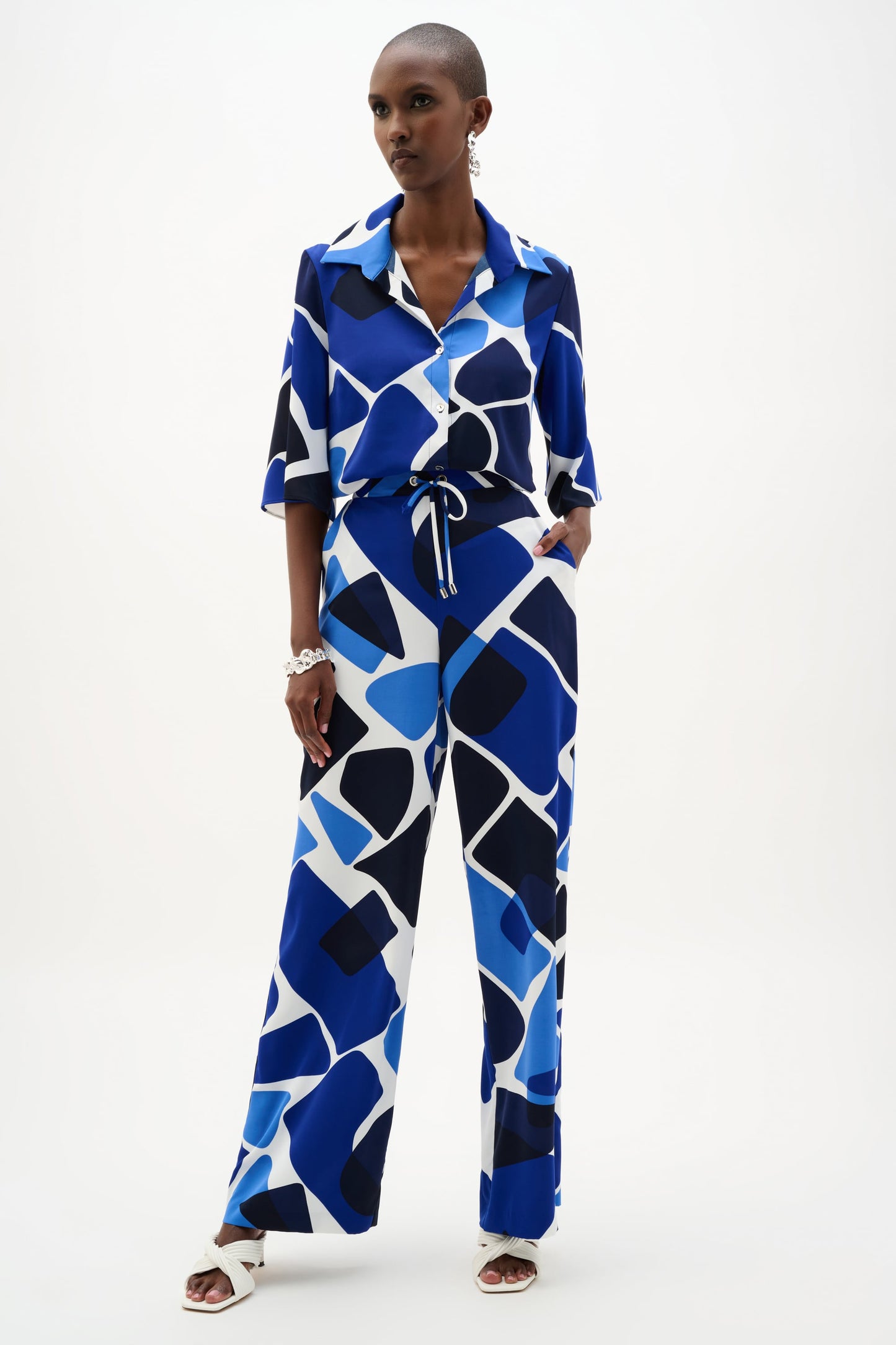 JOSEPH RIBKOFF 262155 Recycled Woven Geometric Print Wide Leg Pull-On Pants