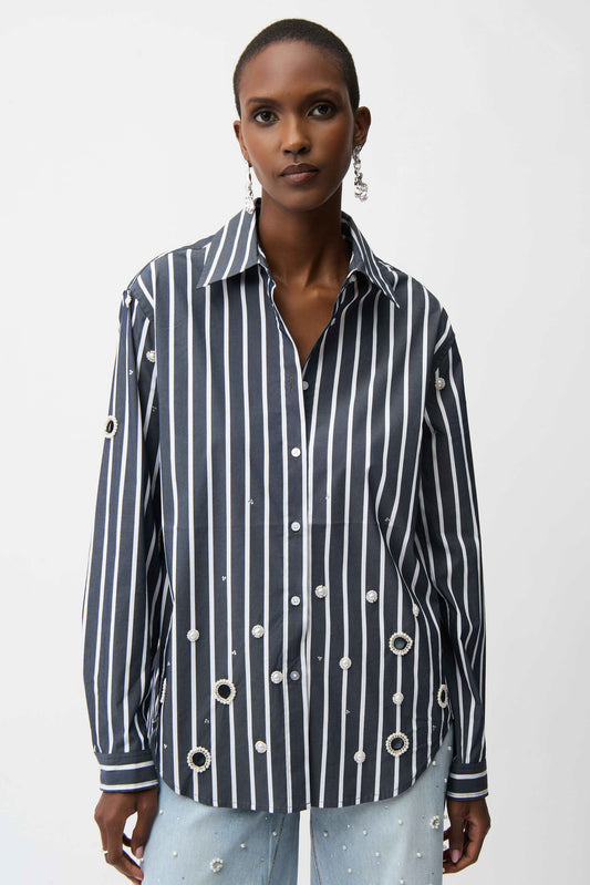 Stretch Cotton Stripe Print Boxy Blouse With Rhinestones
261966