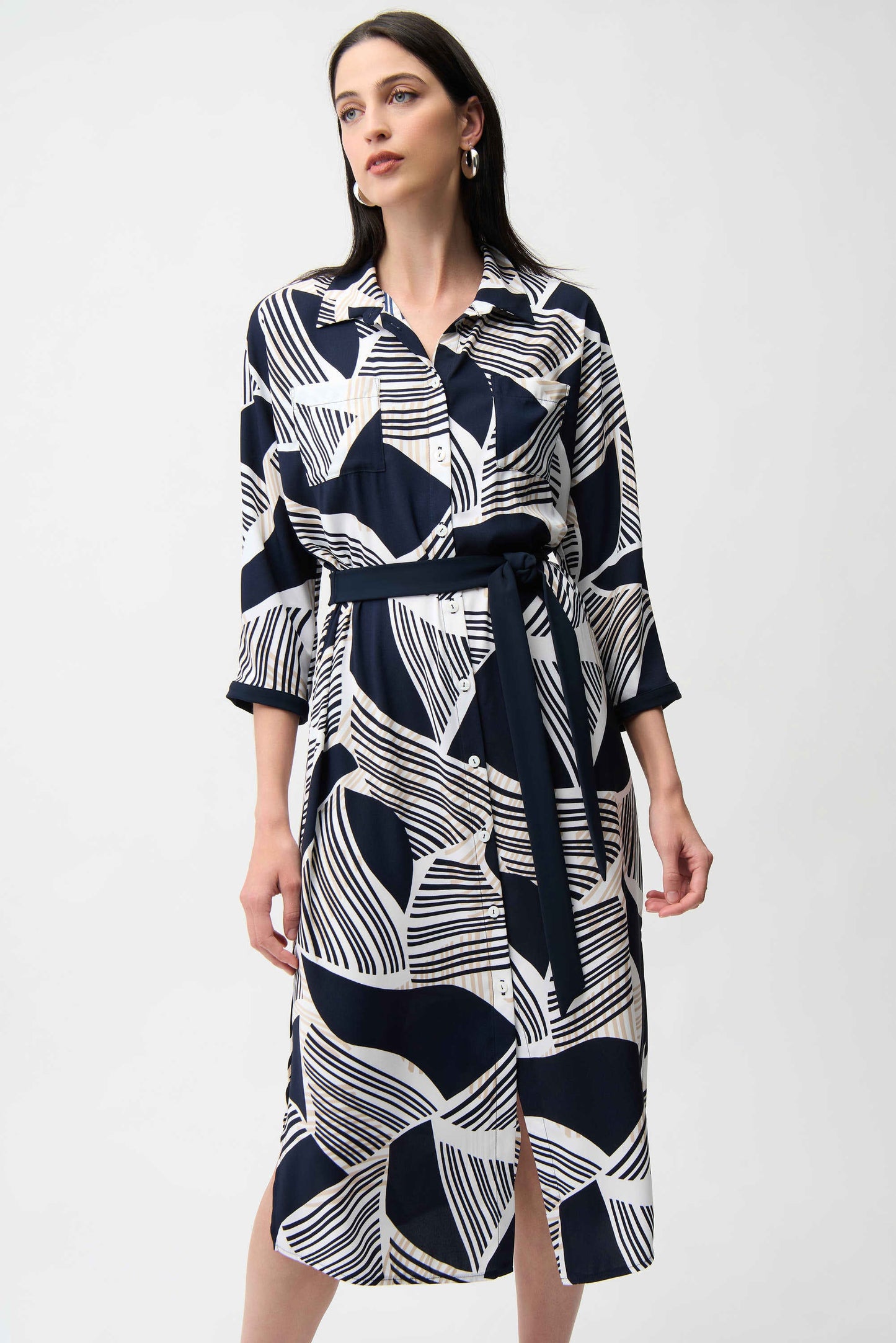 Satin Back Crepe Geometric Print Shirt Dress With Sash
261257