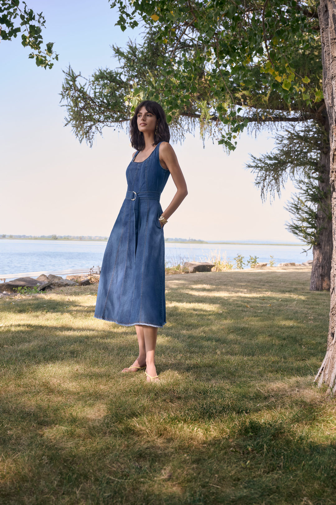 JOSEPH RIBKOFF Denim Fit And Flare Midi Dress With Belt 262901
