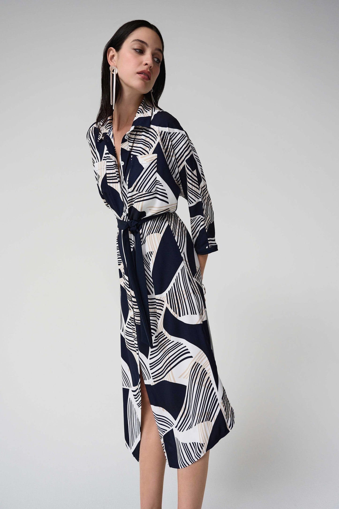Satin Back Crepe Geometric Print Shirt Dress With Sash
261257
