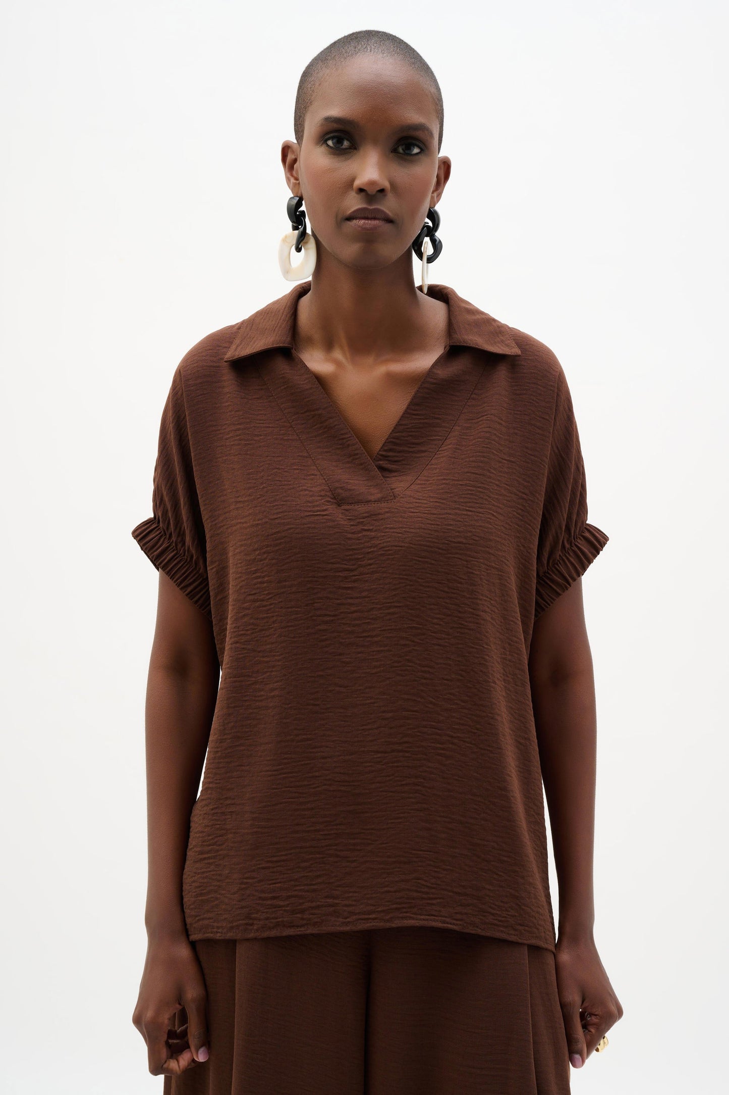 JOSEPH RIBKOFF 262078 Woven Gauze Boxy Top With Shirred Sleeves