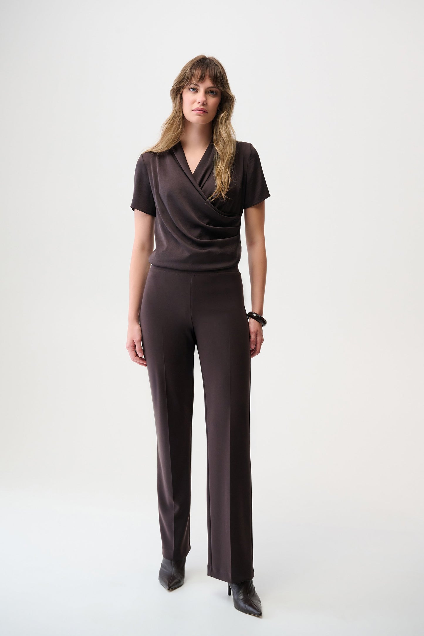 JOSEPH RIBKOFF 253237F25 Recycled Satin And Silky Knit Wrap Top in mocha