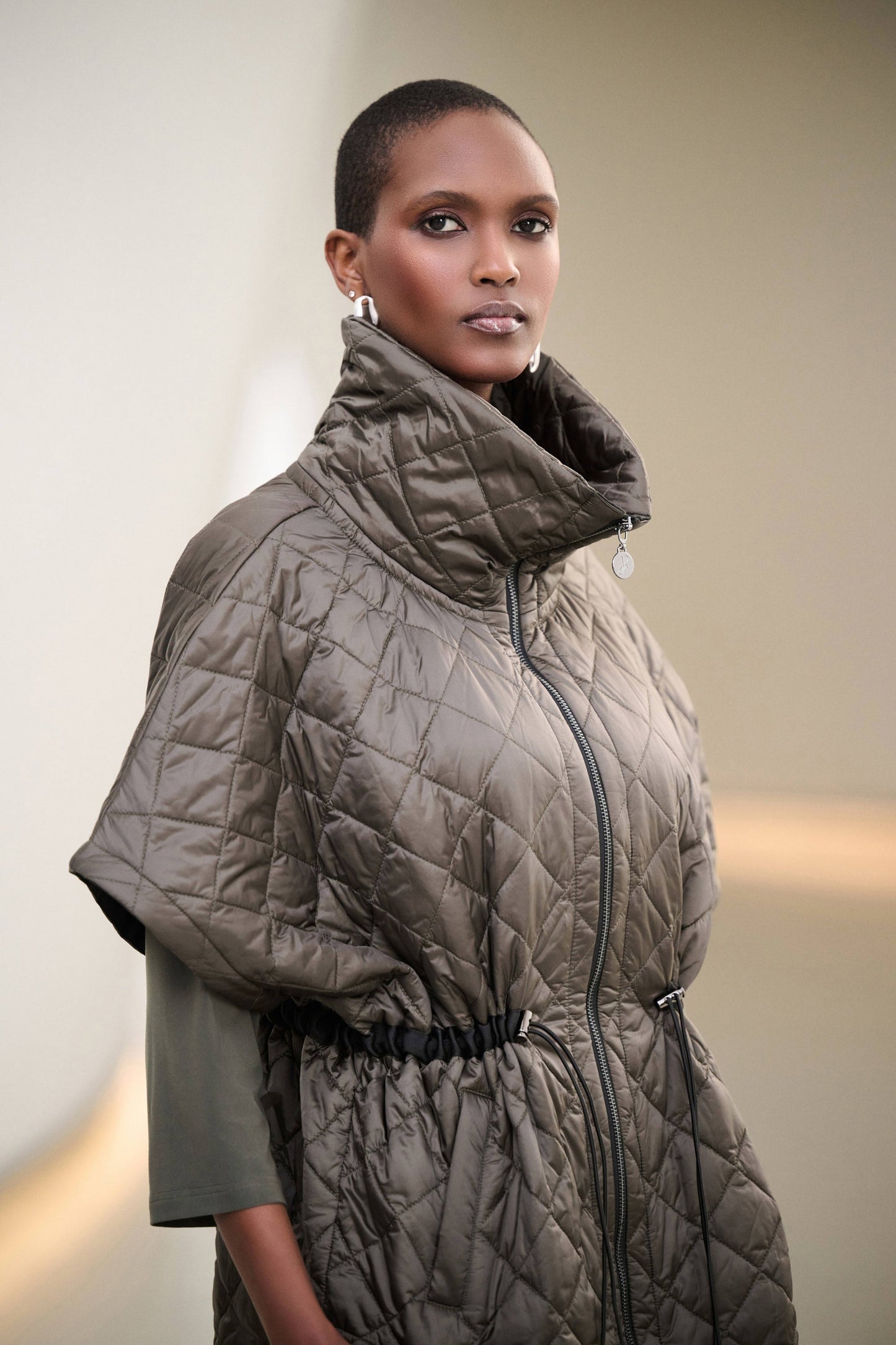 JOSEPH RIBKOFF 263643 Quilted Nylon Shawl-Neck Boxy Vest