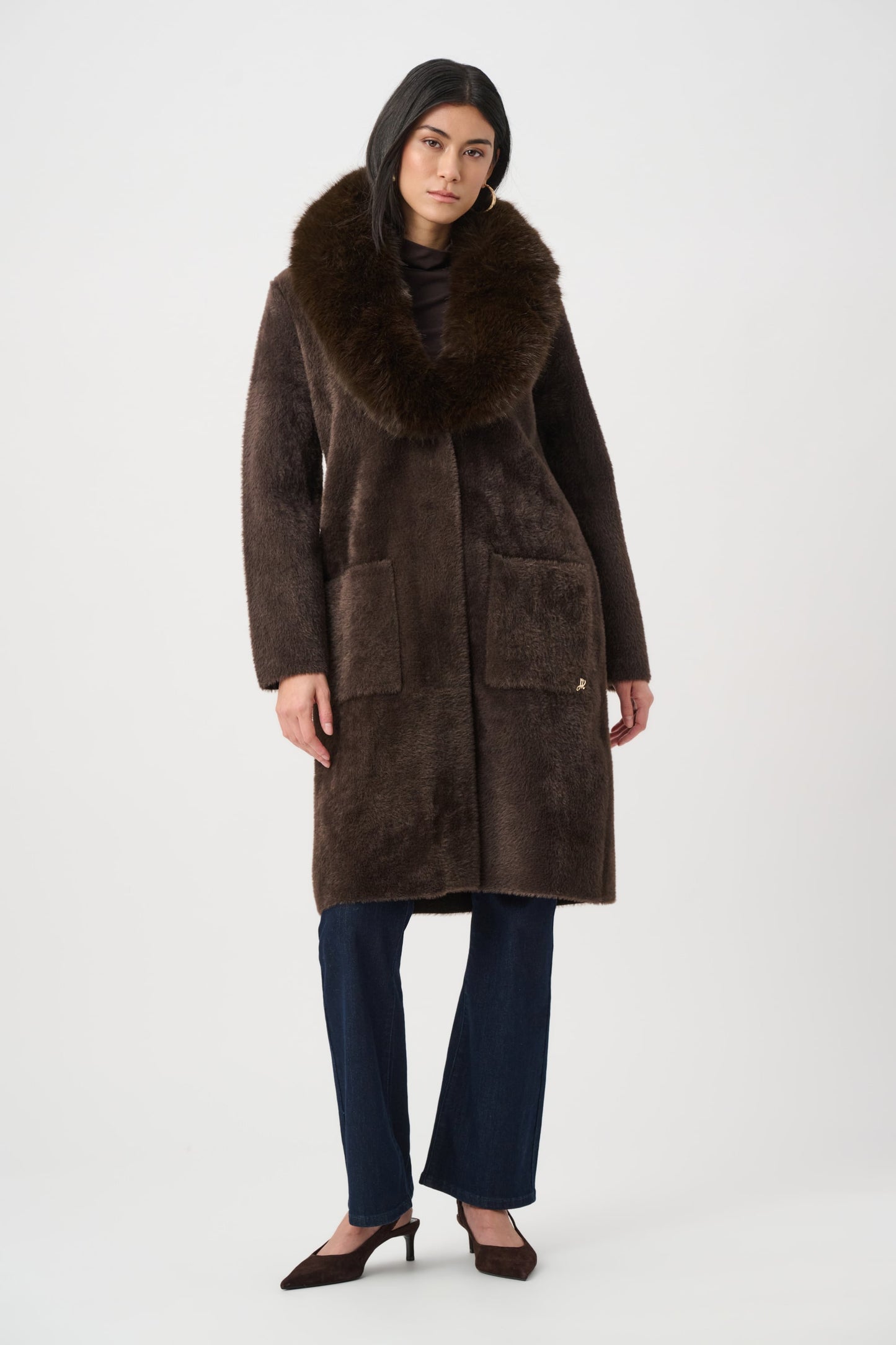 JOSEPH RIBKOFF Feather Yarn Knit Coat With Detachable Faux Fur Collar 263973