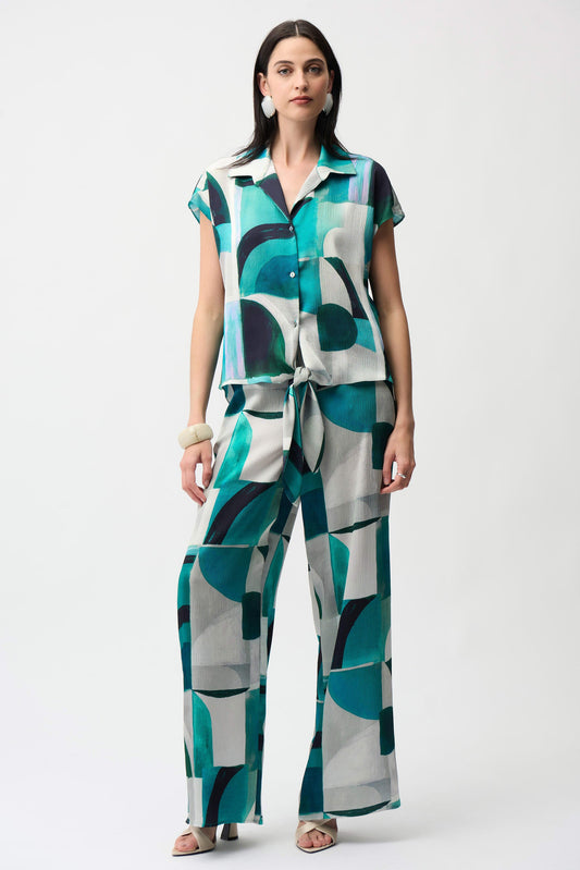 JOSEPH RIBKOFF 261042 Textured Satin Geometric Print Wide Leg Pull-On Pants