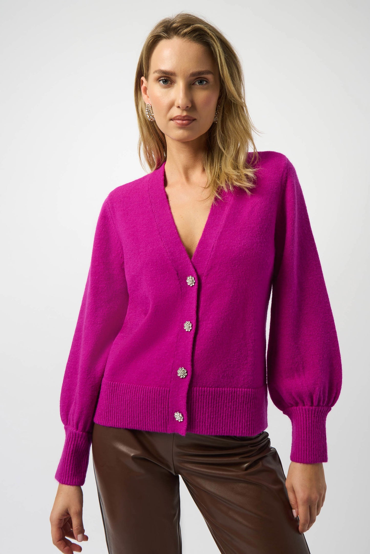 JOSEPH RIBKOFF 253906 Sweater Knit Cardigan with Puff Sleeves