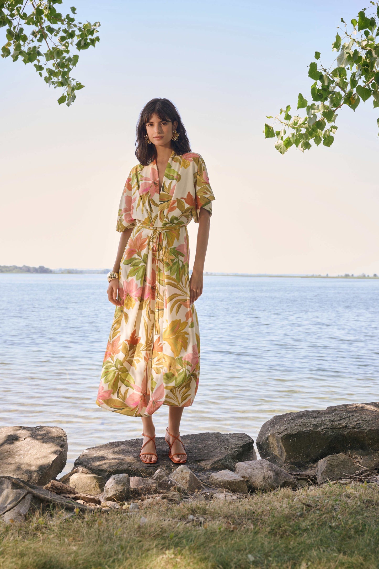 JOSEPH RIBKOFF 262177 Recycled Woven Tropical Print Fit And Flare Dress