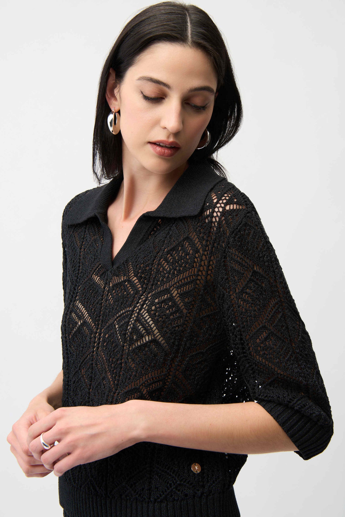 Cotton Blend Open Stitch Sweater with Polo Collar
261929