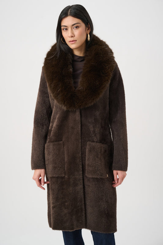 JOSEPH RIBKOFF Feather Yarn Knit Coat With Detachable Faux Fur Collar 263973