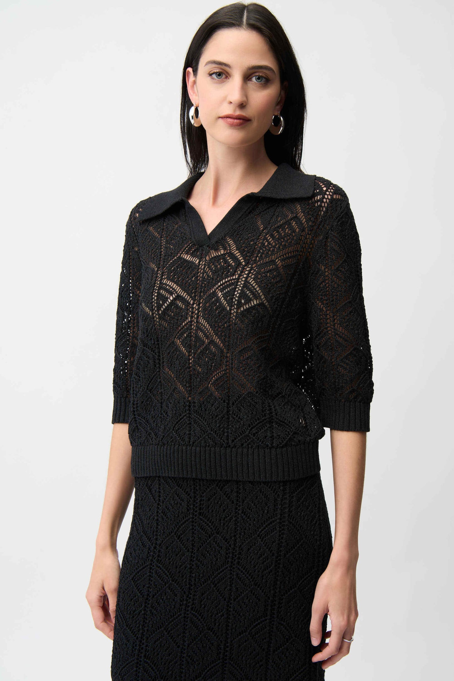 Cotton Blend Open Stitch Sweater with Polo Collar
261929