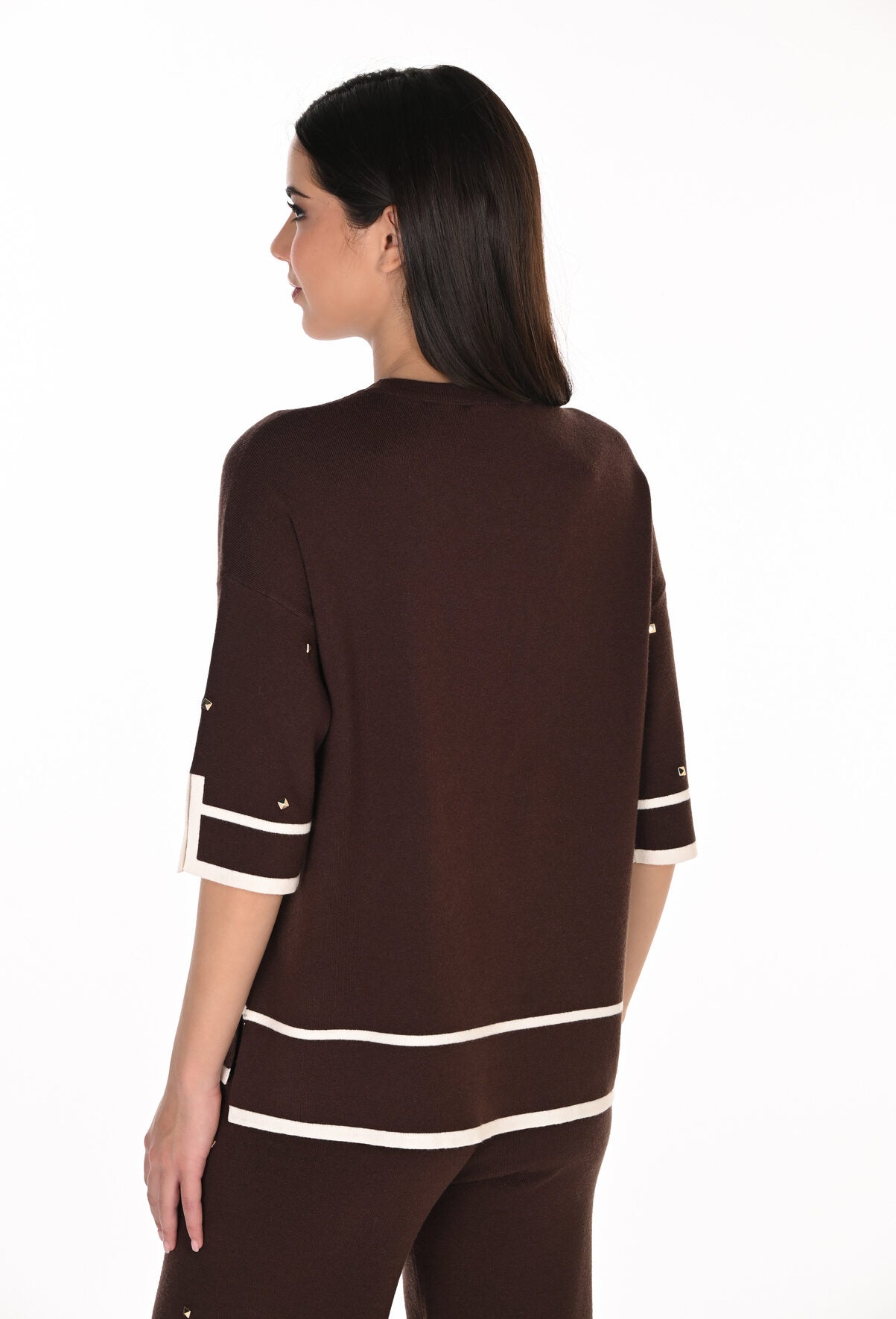 FRANK LYMAN 263765 stud detail half sleeve mocha sweater top