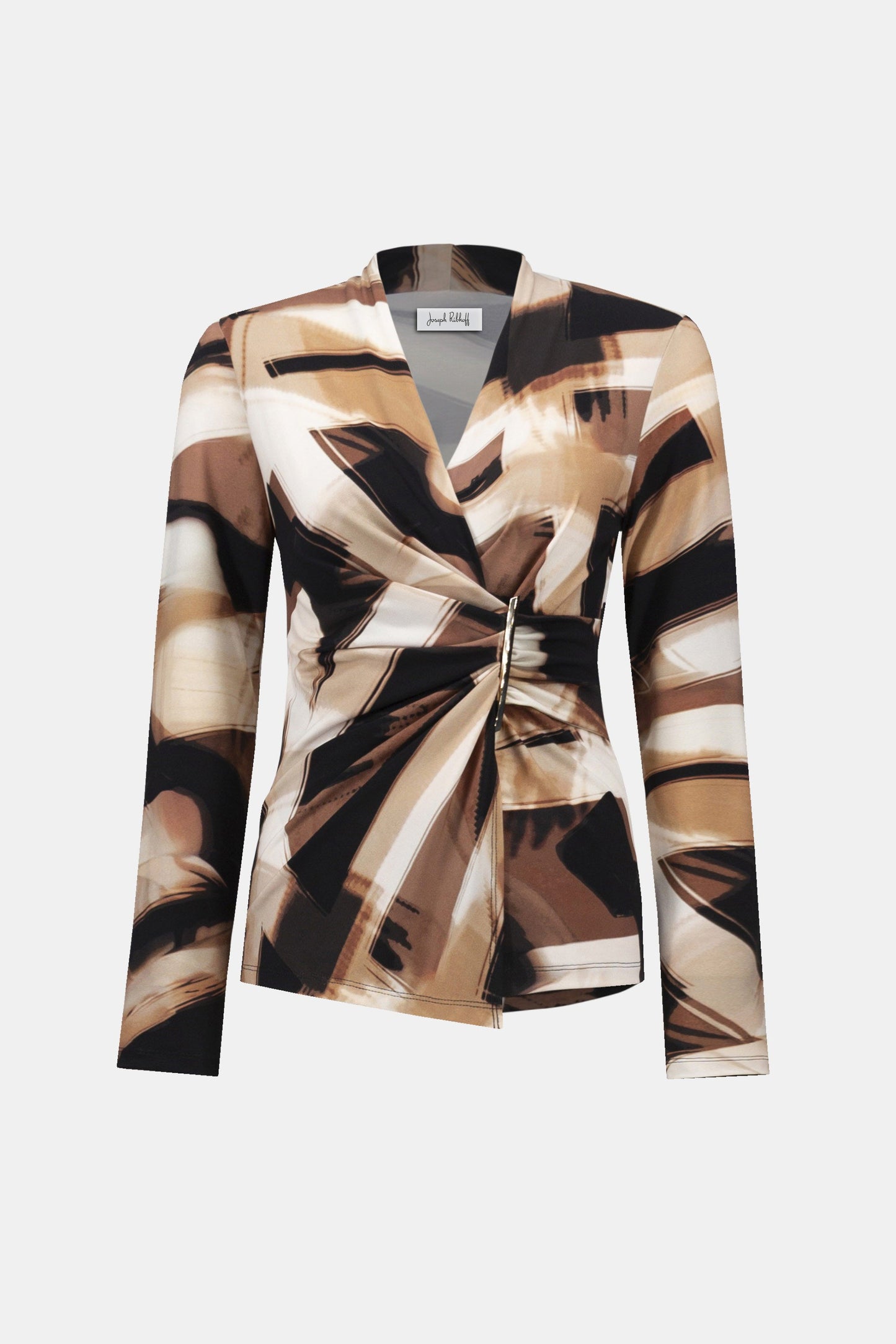 JOSEPH RIBKOFF 254218 Silky Knit Abstract Print Fitted Wrap Top in black/brown