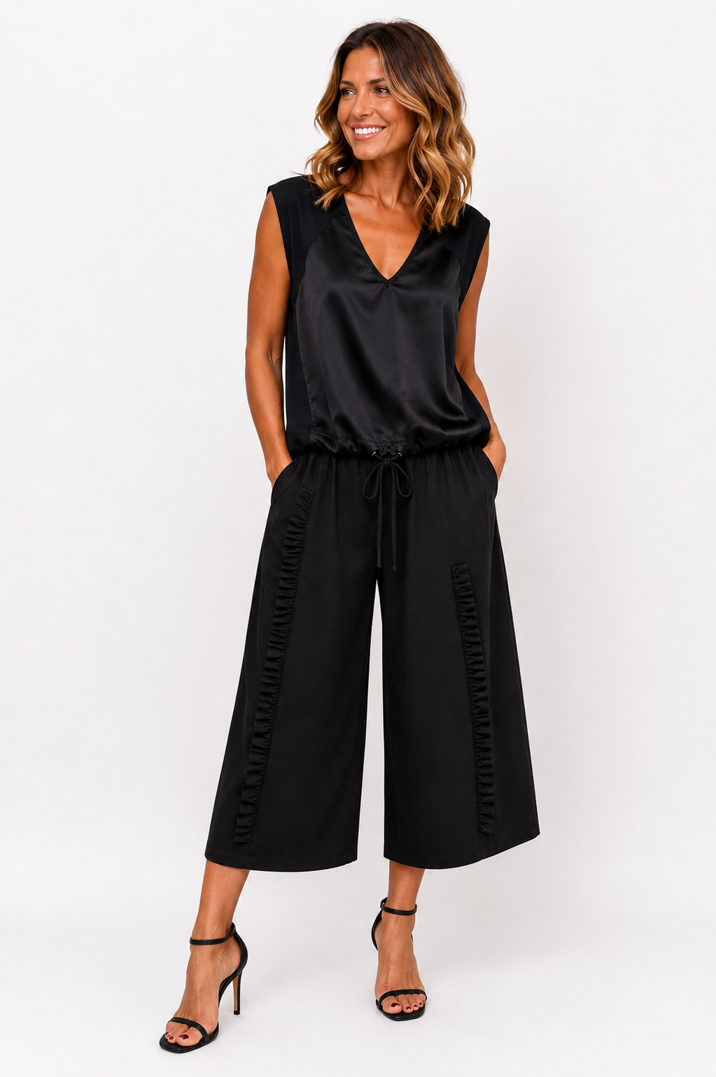 Black Satin-Front Drawstring Top – Free Size
