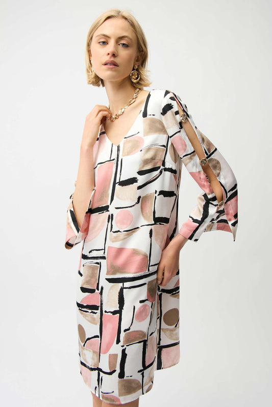 Recycled Satin Abstract Print Trapeze Dress With Gold Detail
261258 Joseph Ribkoff