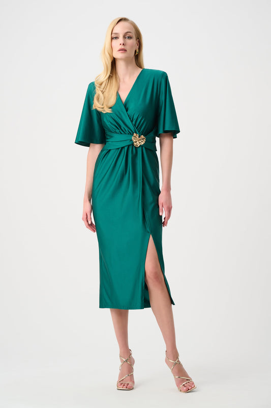 JOSEPH RIBKOFF Signature | Satin Knit Wrap Dress With Ruched Waistband 263733