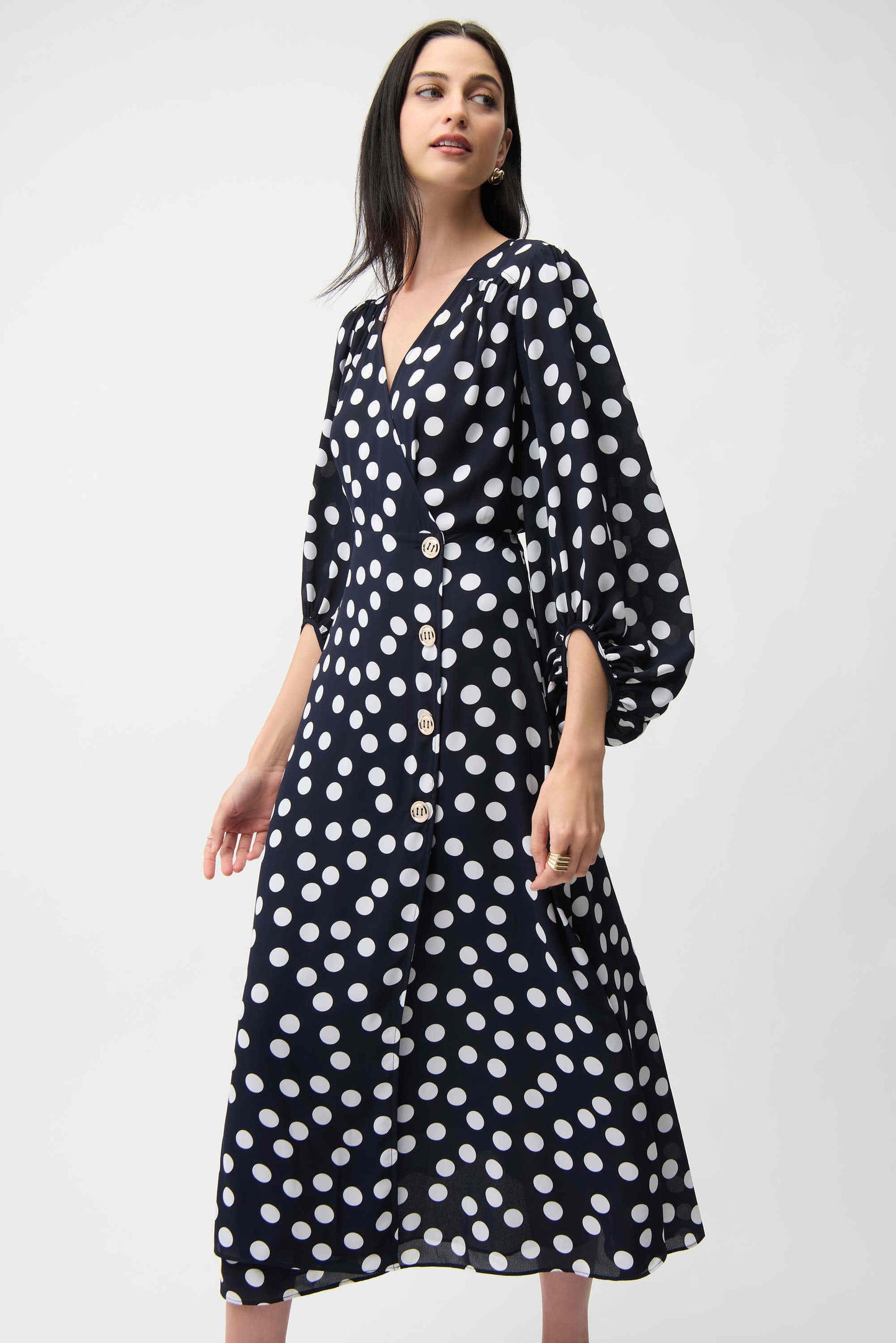 JOSEPH RIBKOFF 261901 Georgette Dot Print Wrap Dress With Puff Sleeves