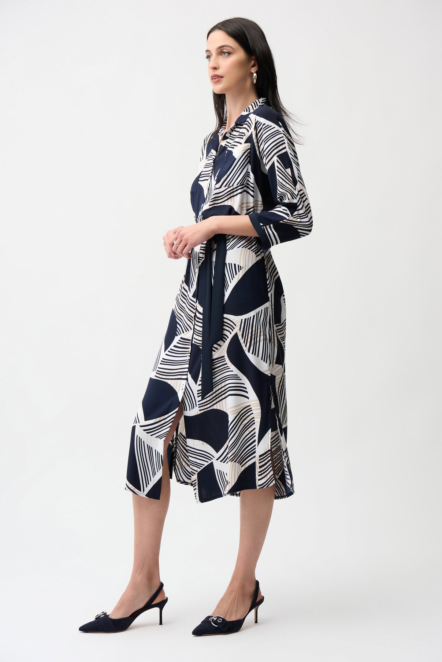 Satin Back Crepe Geometric Print Shirt Dress With Sash
261257