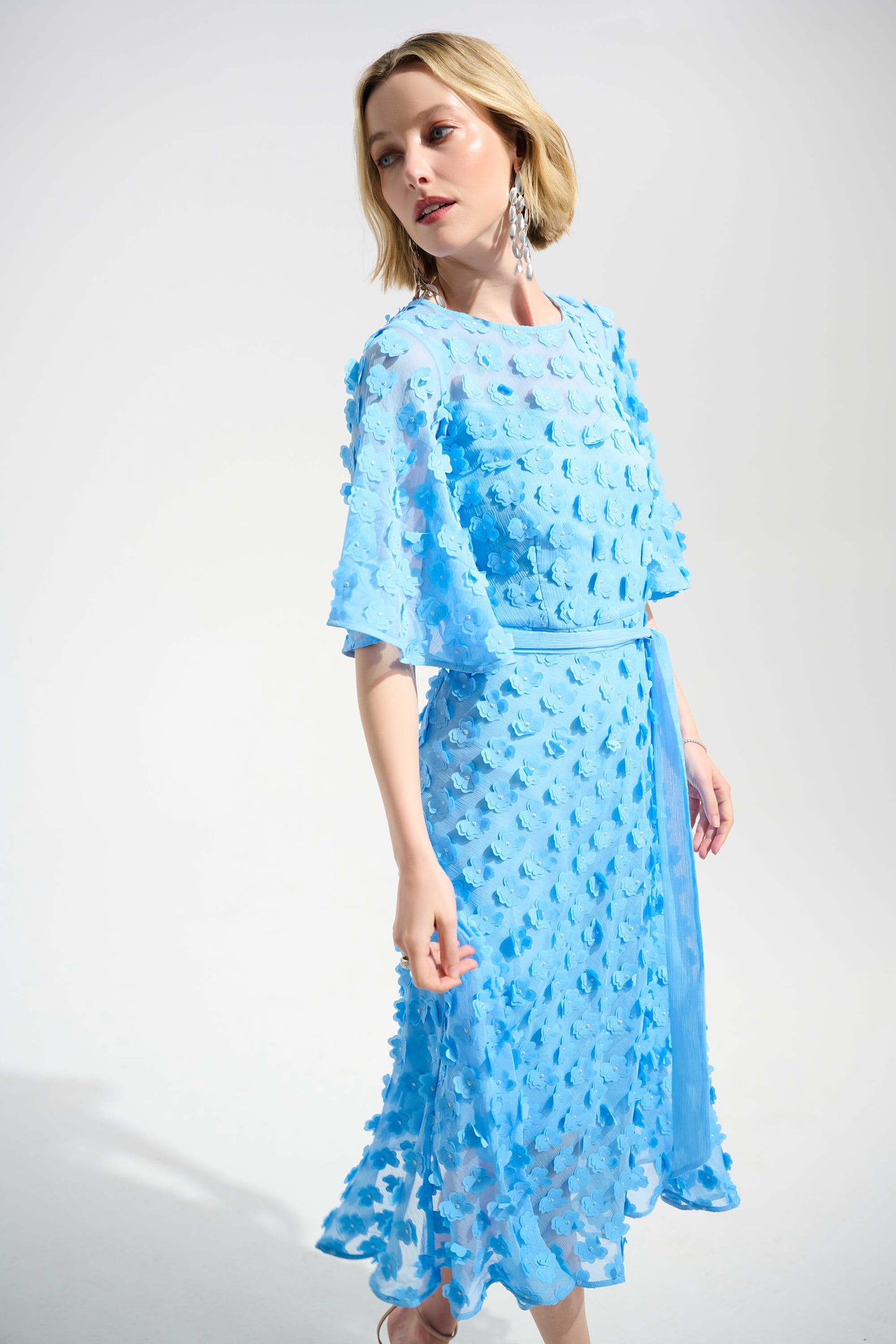 Joseph Ribkoff Signature | 3D Embroidered Chiffon Fit And Flare Dress With Sash Belt
261738