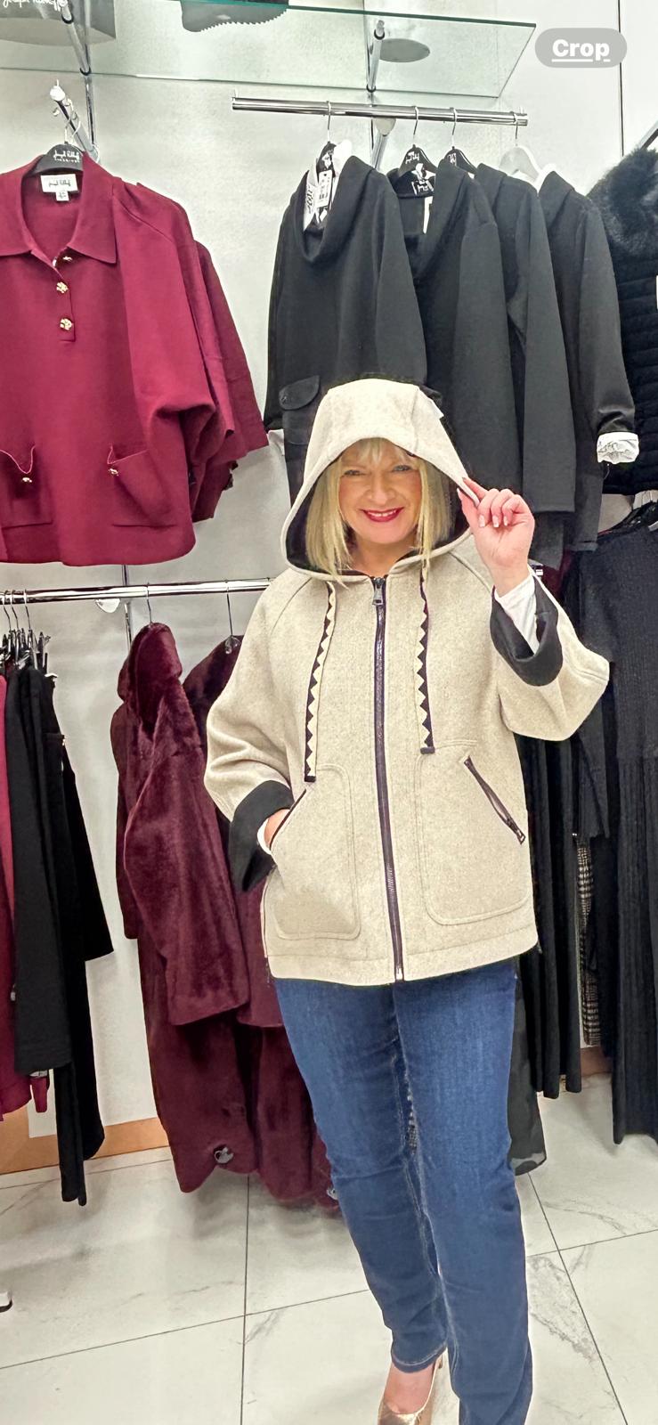 ZIA SHORT OVERALL WITH TWO-TONE DRAWN HOOD