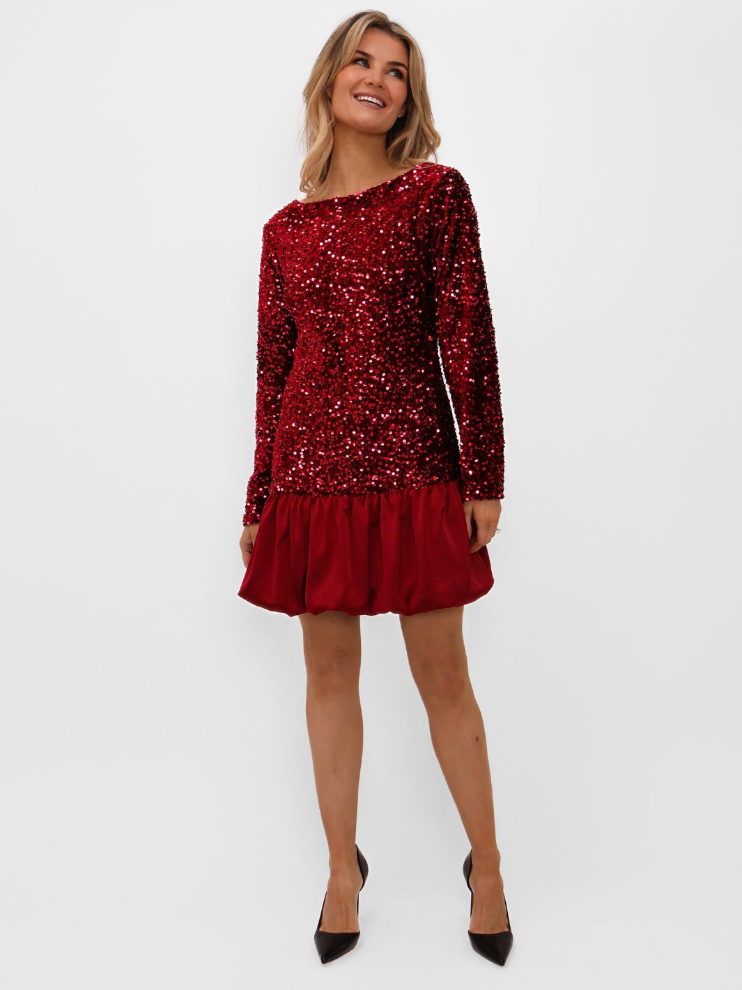 KATE & PIPPA ivana puffball mini dress in red sparkle
