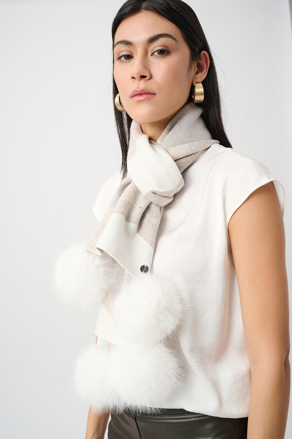 JOSEPH RIBKOFF Striped Scarf With Fur Pom-poms Style 263981
