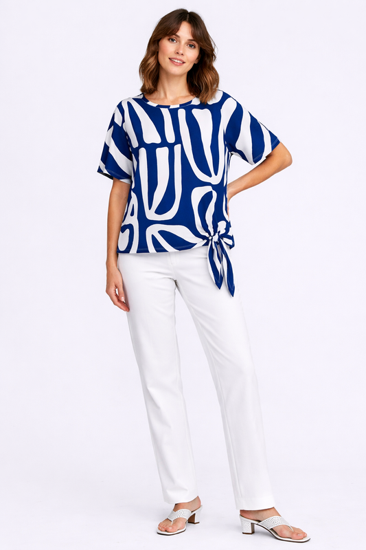 TUZZI navy abstract print top with tie detail