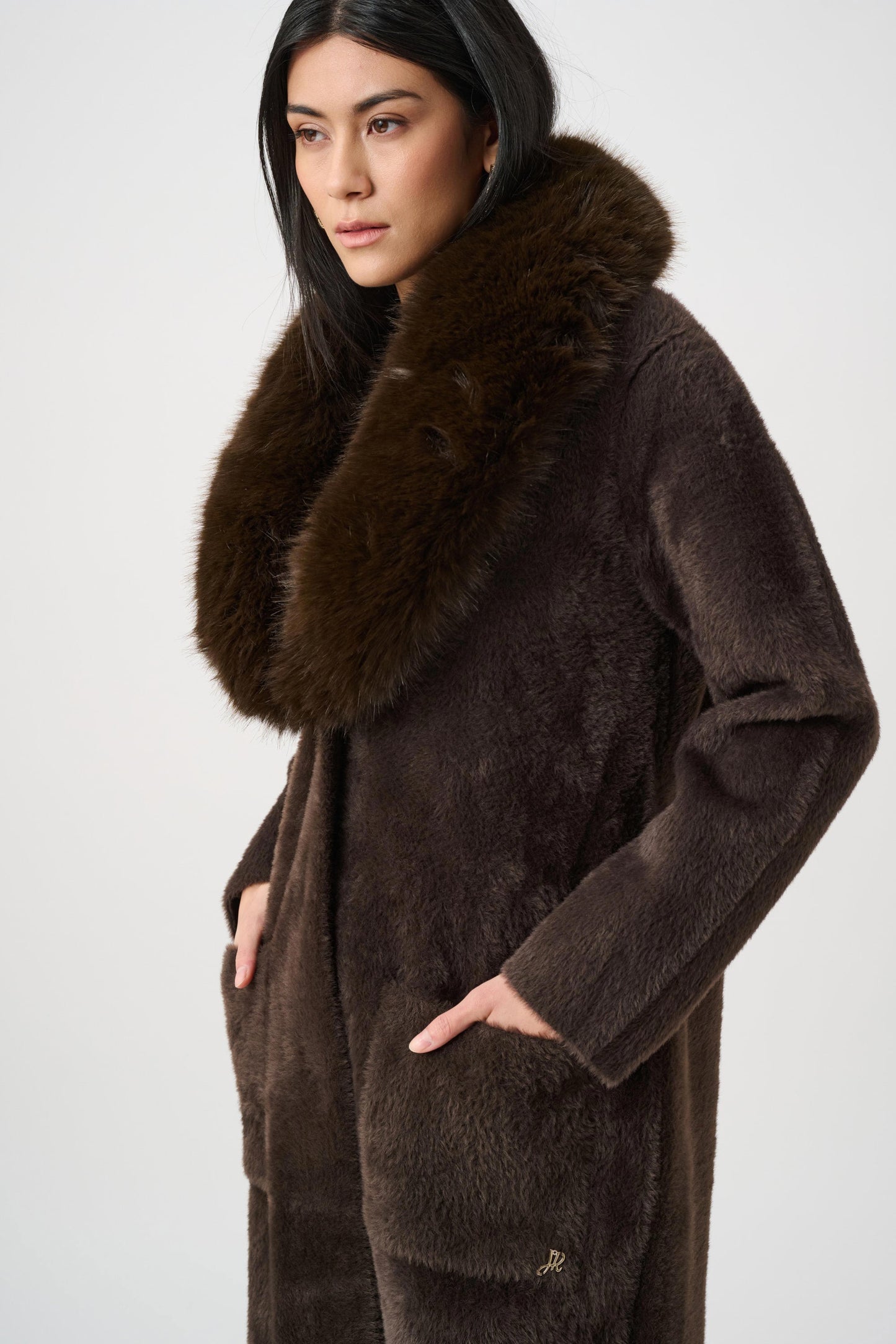 JOSEPH RIBKOFF Feather Yarn Knit Coat With Detachable Faux Fur Collar 263973
