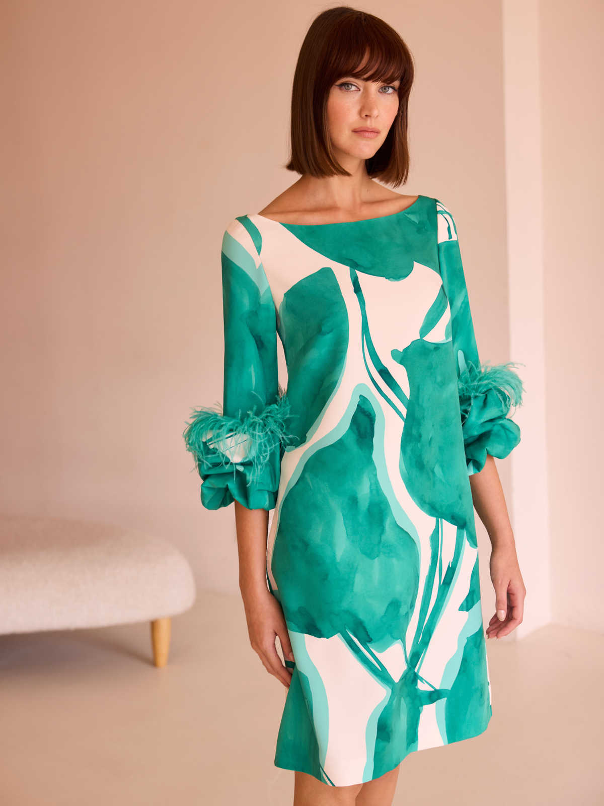 Carla Ruiz – Green Abstract Print Dress with Feather Cuff Detail 52570