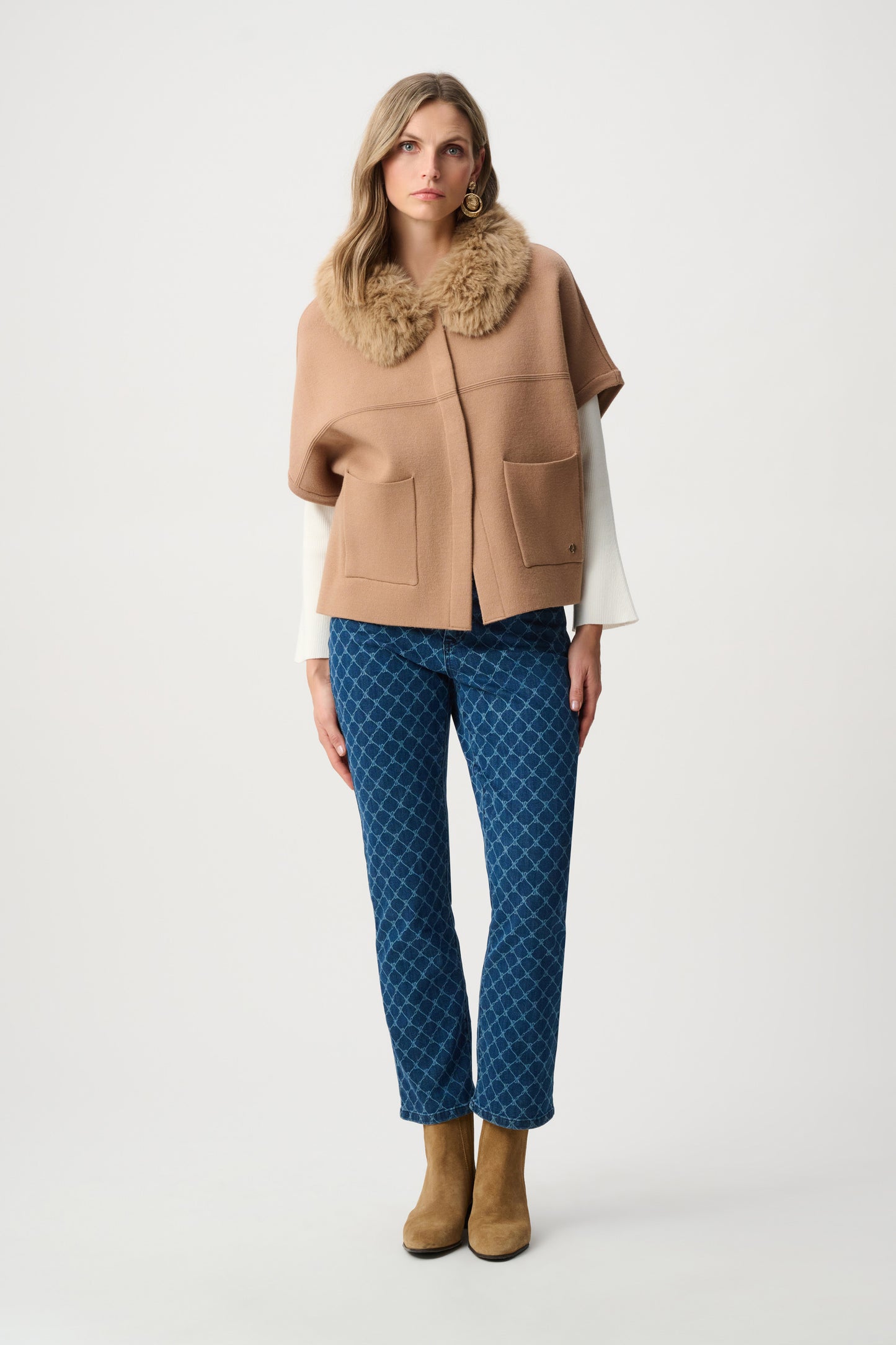 JOSEPH RIBKOFF 263949 Sweater Knit Jacket With Detachable Faux Fur Collar