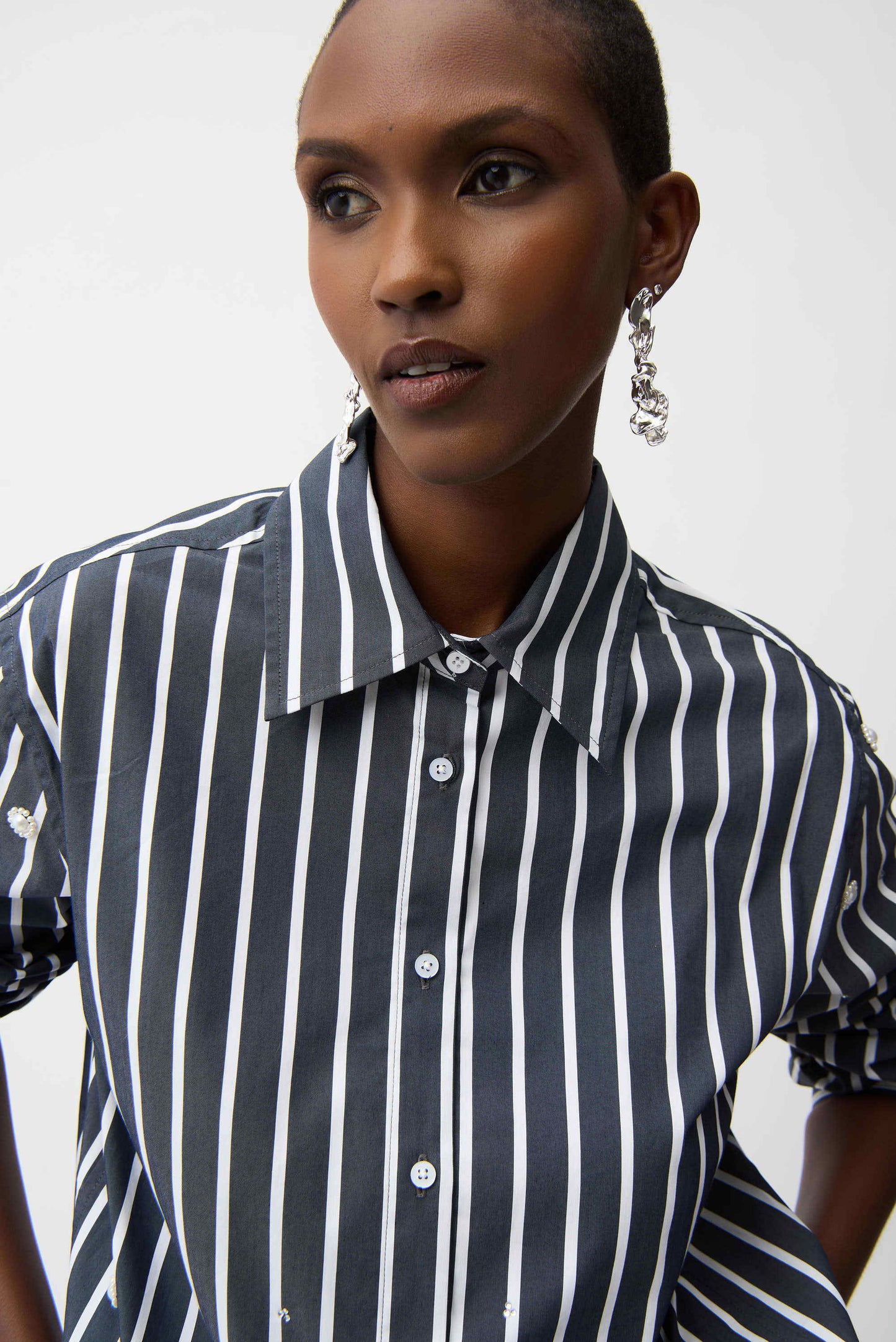 Stretch Cotton Stripe Print Boxy Blouse With Rhinestones
261966