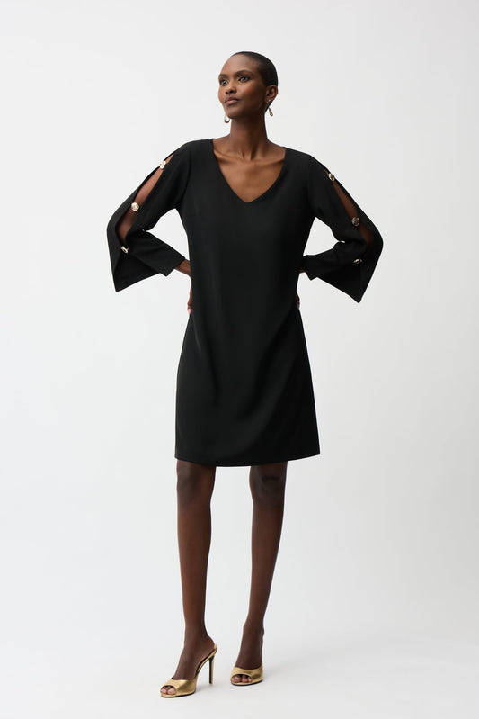 JOSEPH RIBKOFF Woven Twill Trapeze Dress With Gold Trimmed Slit Sleeves 261085 by