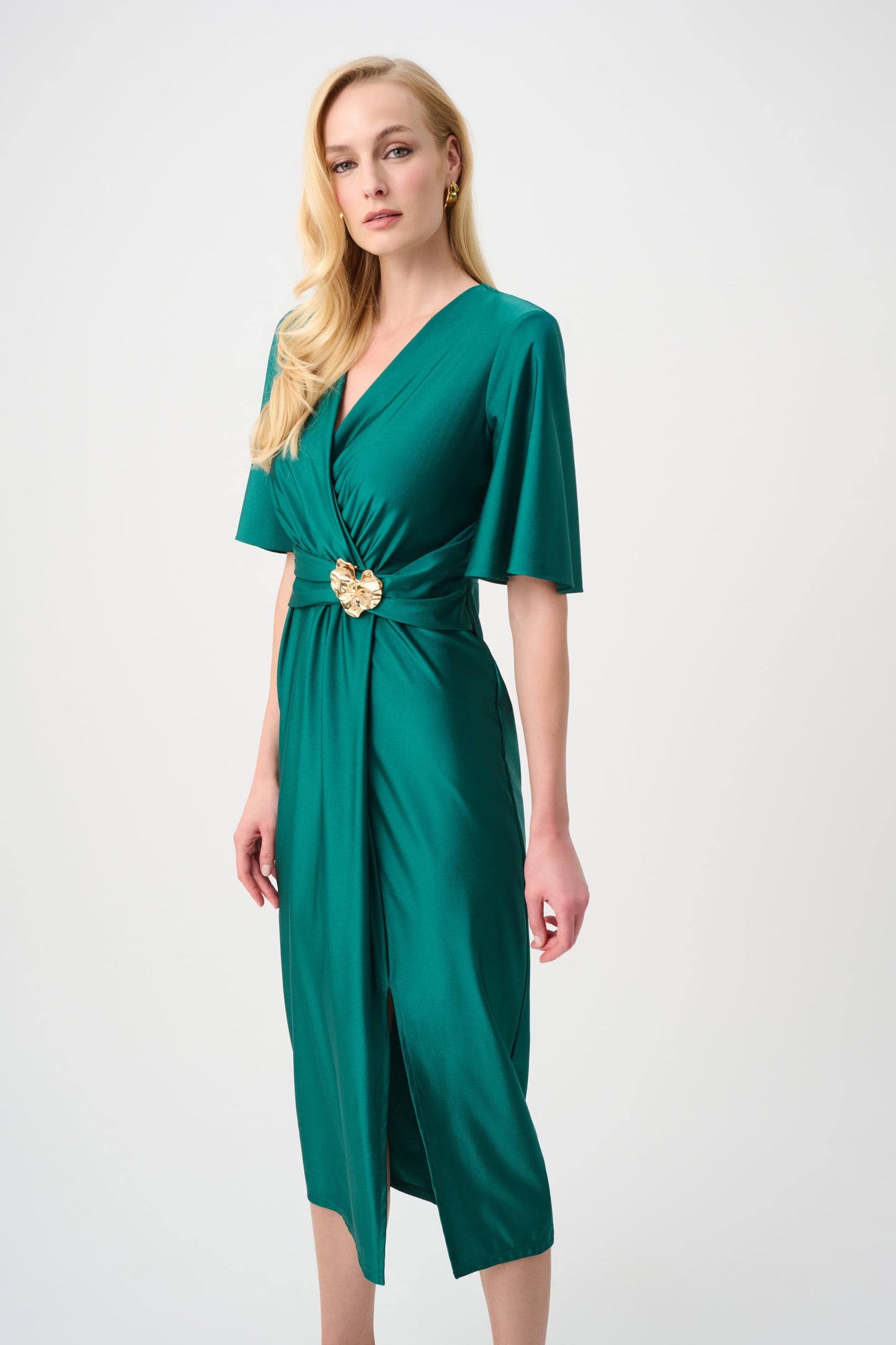 JOSEPH RIBKOFF Signature | Satin Knit Wrap Dress With Ruched Waistband 263733