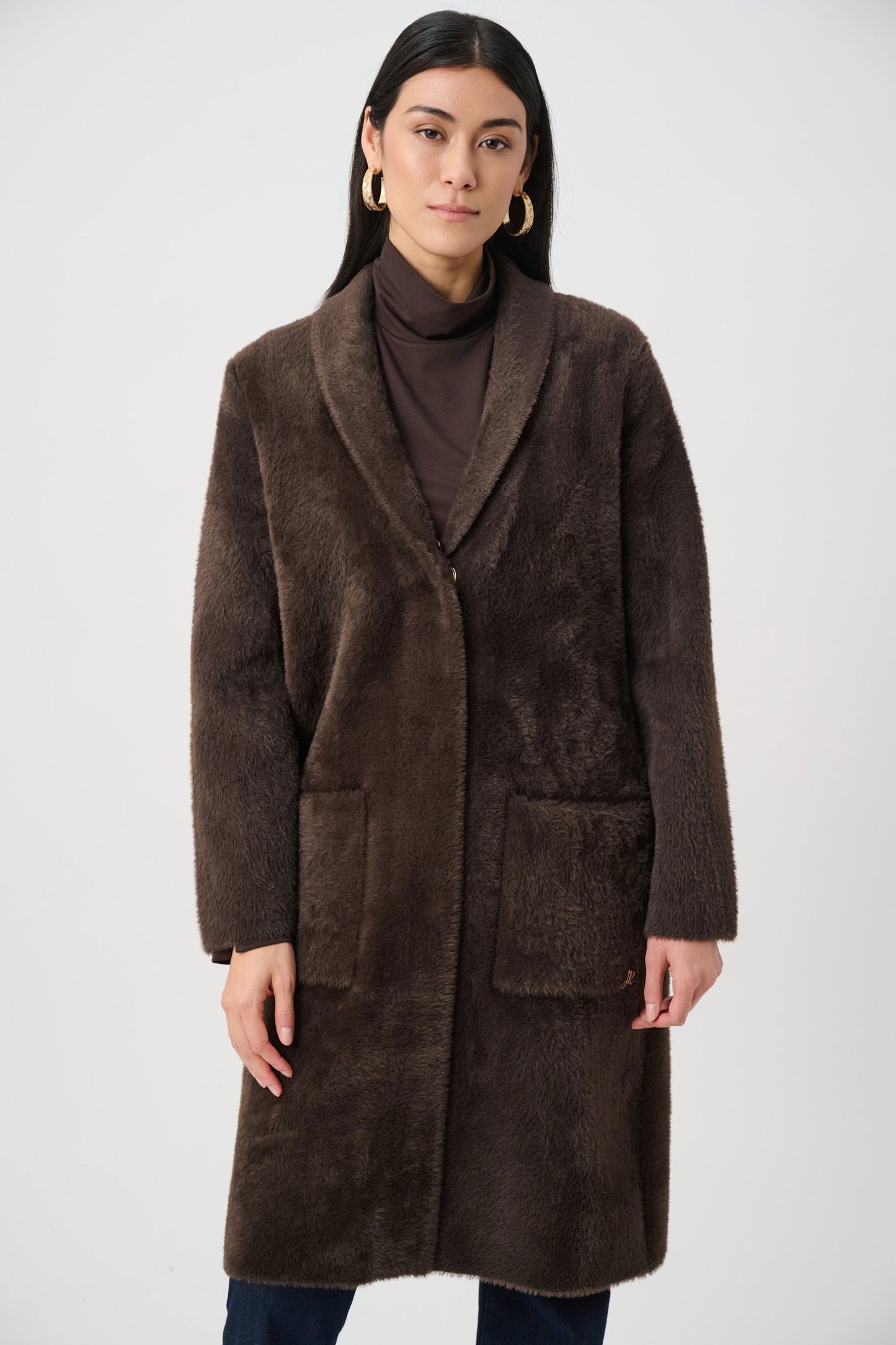 JOSEPH RIBKOFF Feather Yarn Knit Coat With Detachable Faux Fur Collar 263973
