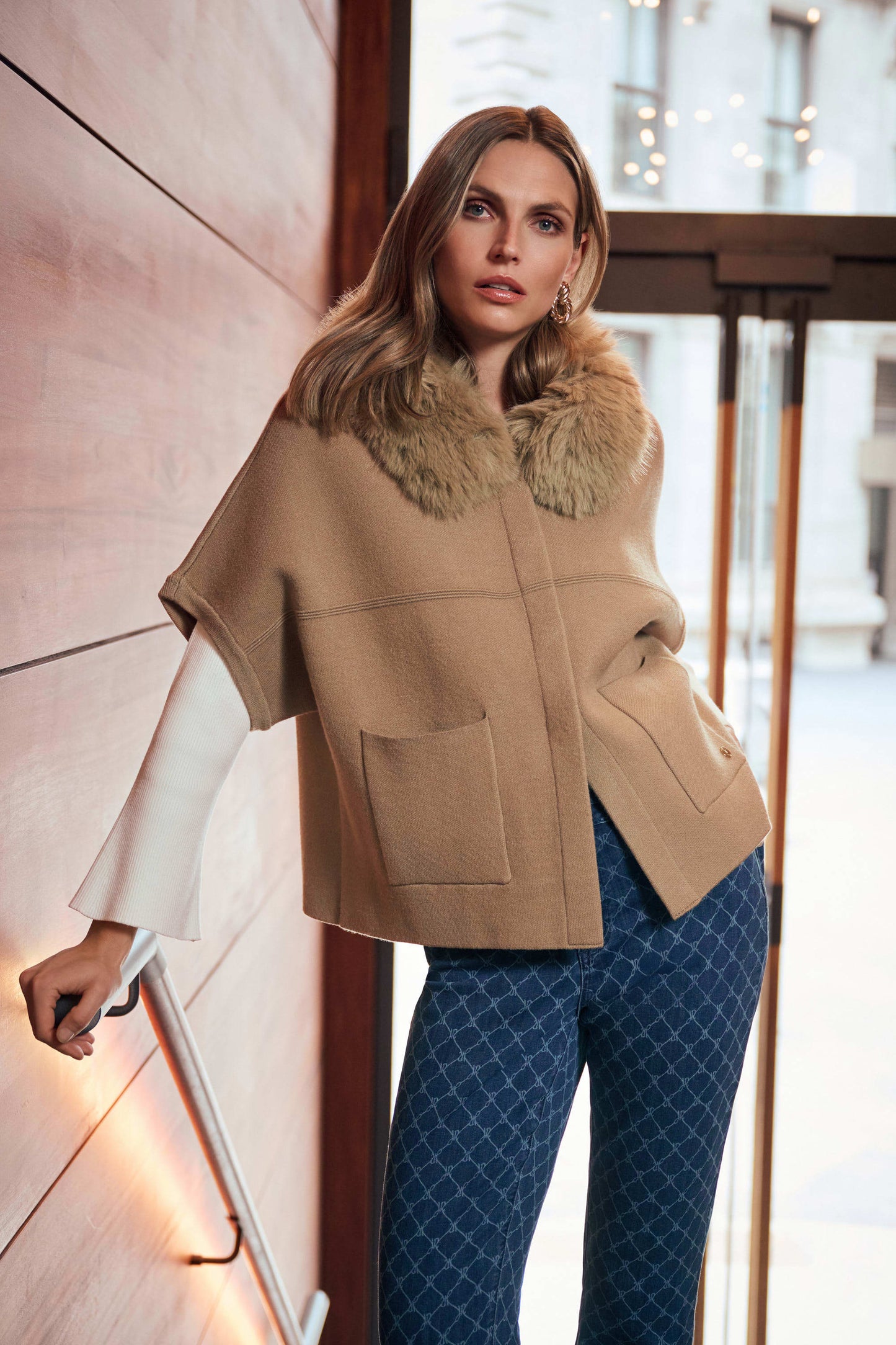 JOSEPH RIBKOFF 263949 Sweater Knit Jacket With Detachable Faux Fur Collar